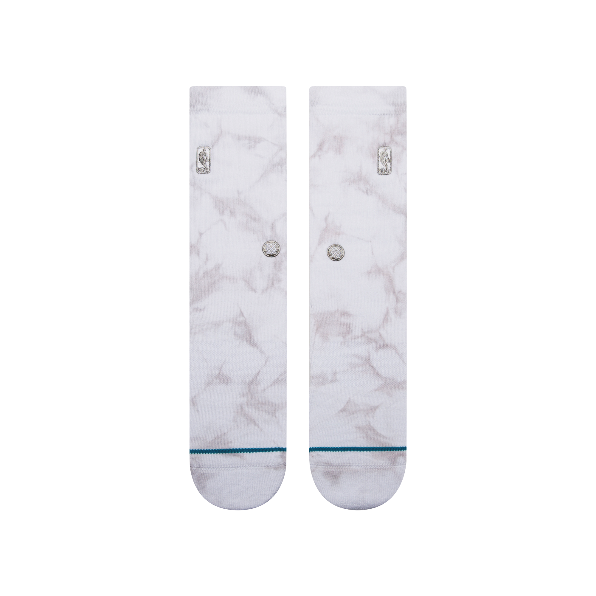 White marble-patterned crew socks with subtle NBA and Miami HEAT logos on the sides. - Stance NBA Logoman Dye Crew Socks