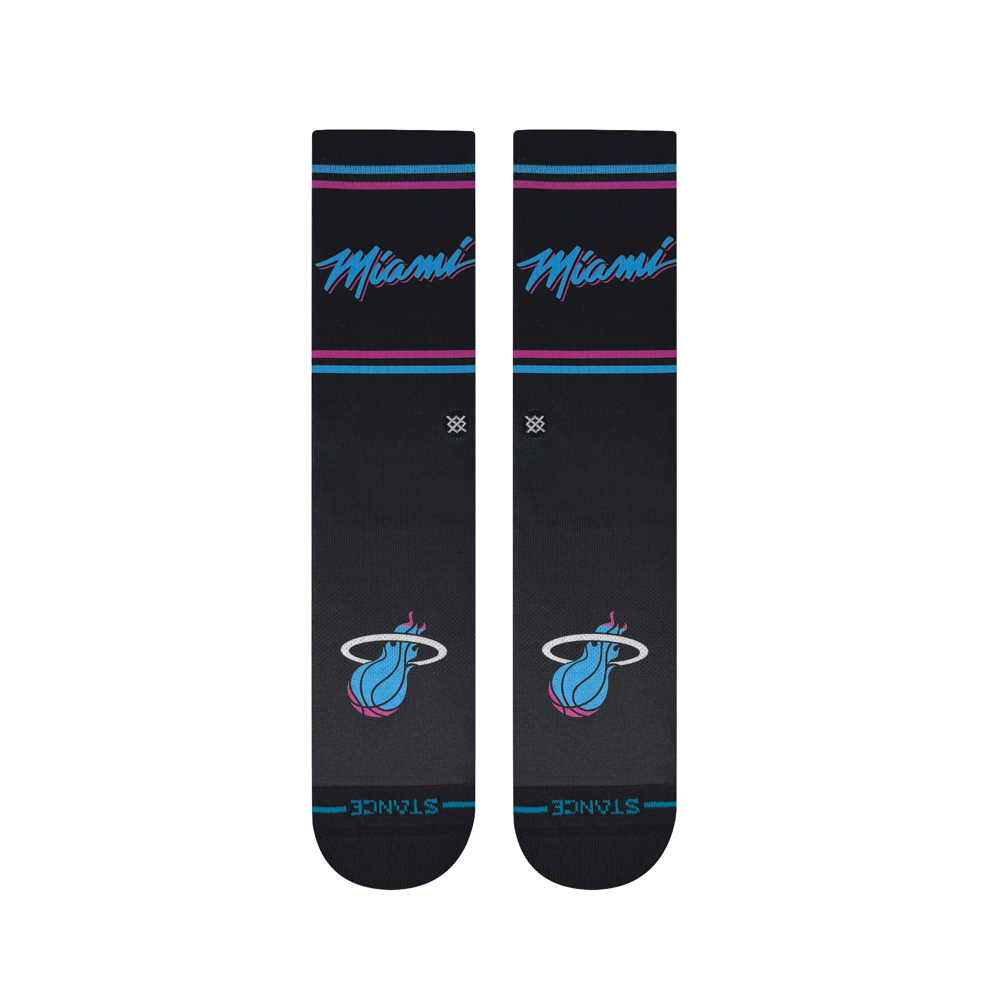 The Stance Miami HEAT Original Vice Nights Socks feature a black crew height with mid cushion, blue, pink, and white stripes, “Miami” at the top, Heat logo by the toes, soft poly blend, and Stance branding on the bottom.