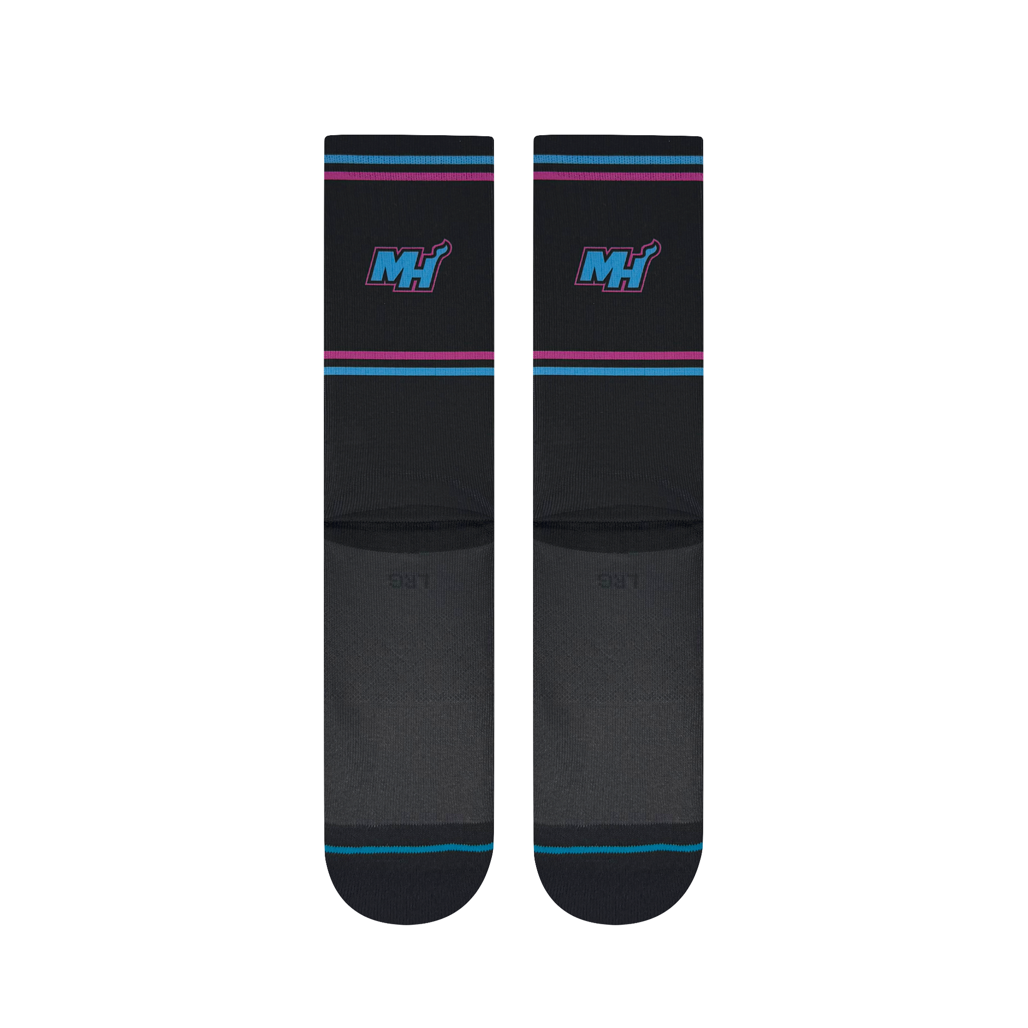 The Stance Miami HEAT Original Vice Nights Socks are black crew-height socks with blue and pink stripes, a blue/pink MH logo, an extra toe stripe, and made from a soft poly blend for comfort.