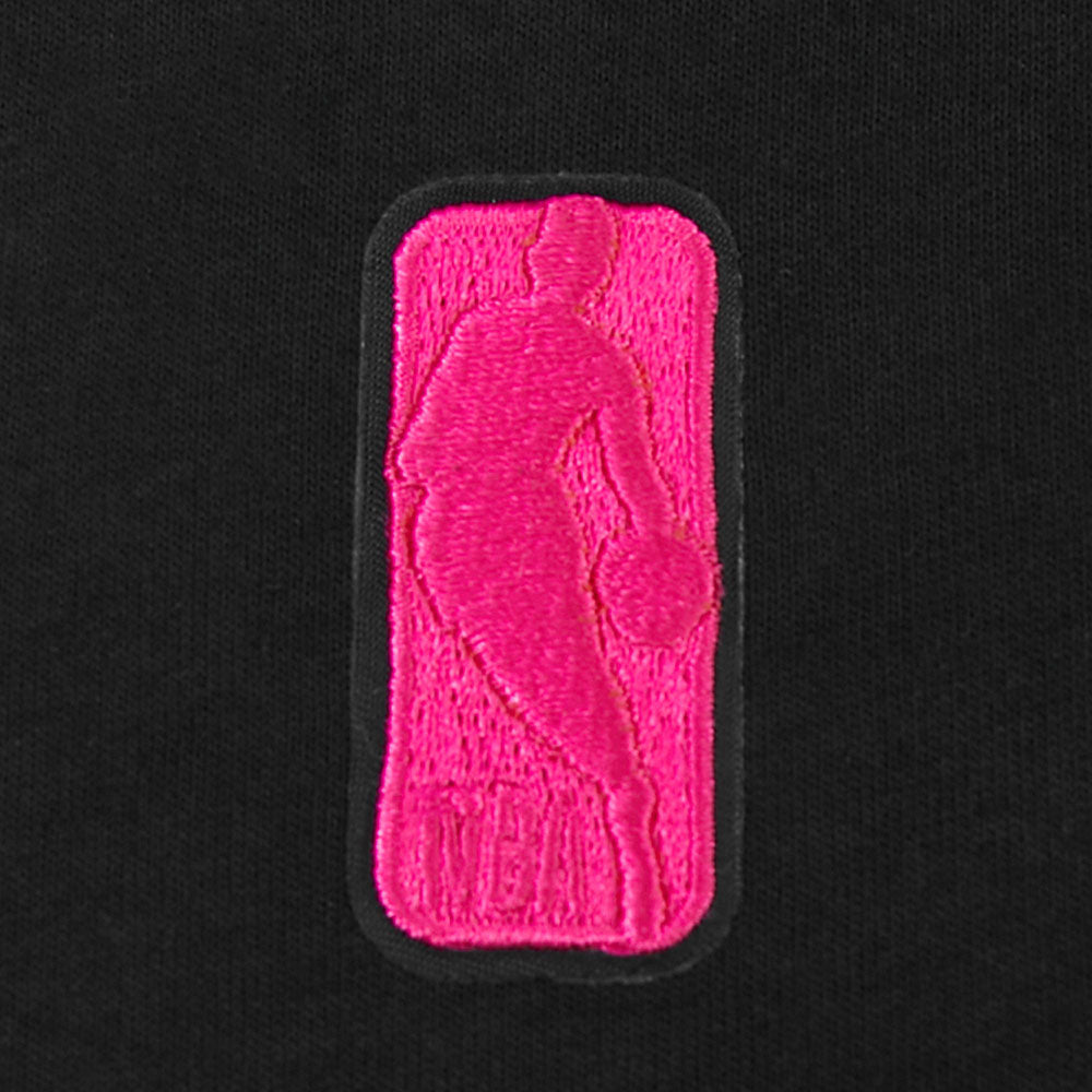 The Pro Standard Miami HEAT Original Vice Nights Graffiti Youth Tee features a pink embroidered NBA logo with a basketball player silhouette on black cotton in a relaxed fit.