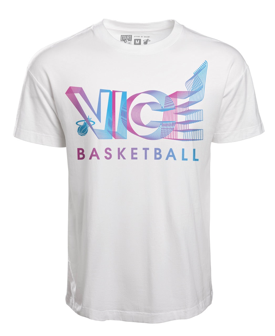 White Court Culture Vice 3D Tee with vibrant Miami HEAT-inspired pastel logo and basketball text. - Court Culture Vice 3D Tee