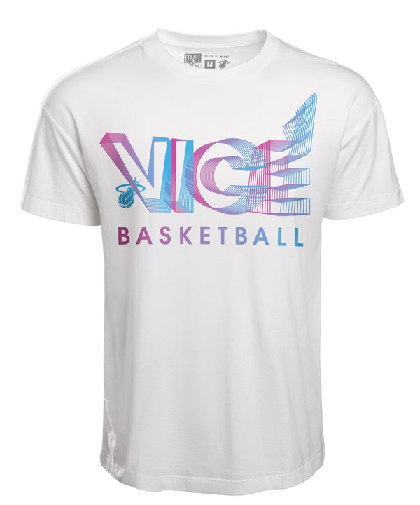 White Court Culture Vice 3D T-shirt with pink and blue Miami HEAT basketball logo, worn by male model. - Court Culture Vice 3D Tee