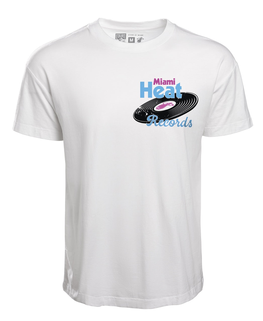 White cotton tee featuring Miami HEAT Original Vice Records logo in black, pink, and blue on chest. - Court Culture Original Vice Records Tee