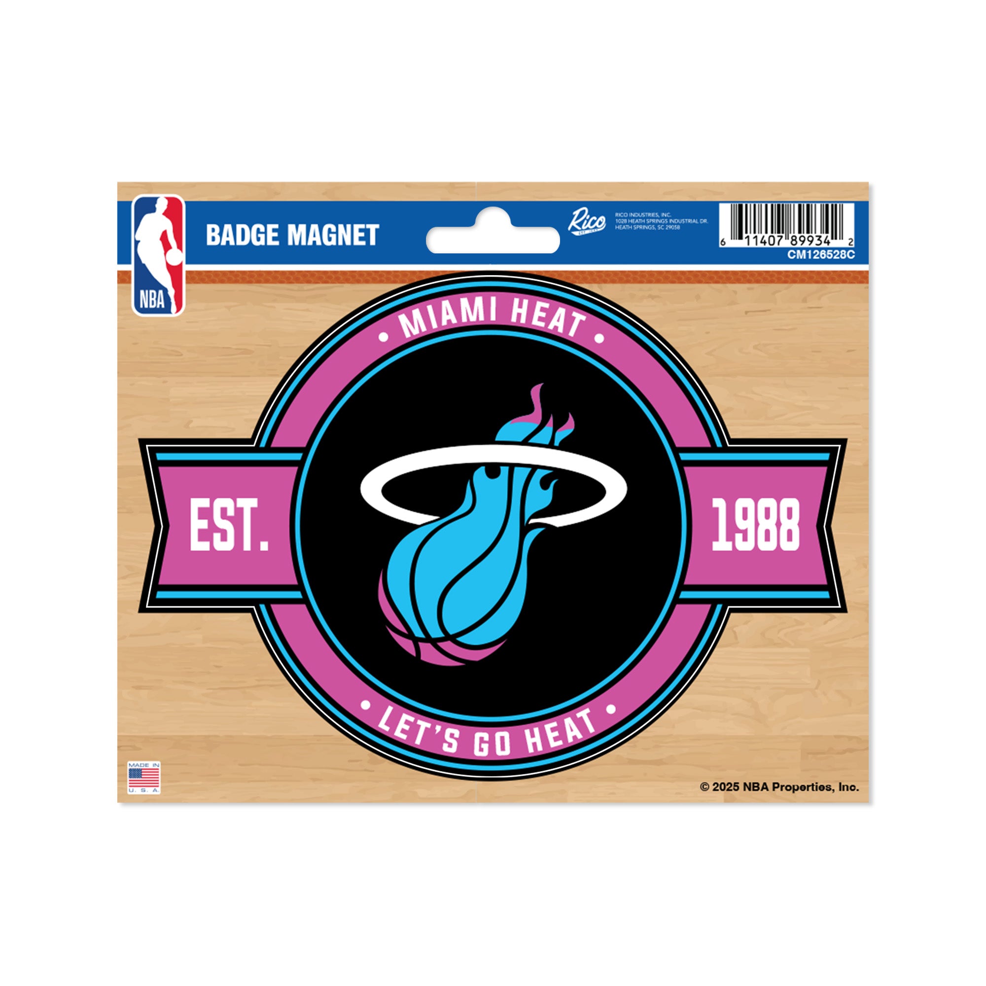 The Miami HEAT Original Vice Nights Badge Magnet by Rico Industries features the flaming basketball logo, 
