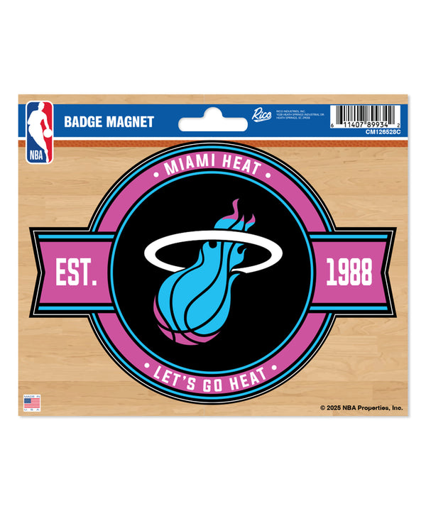The Miami HEAT Original Vice Nights Badge Magnet by Rico Industries features the flaming basketball logo, 