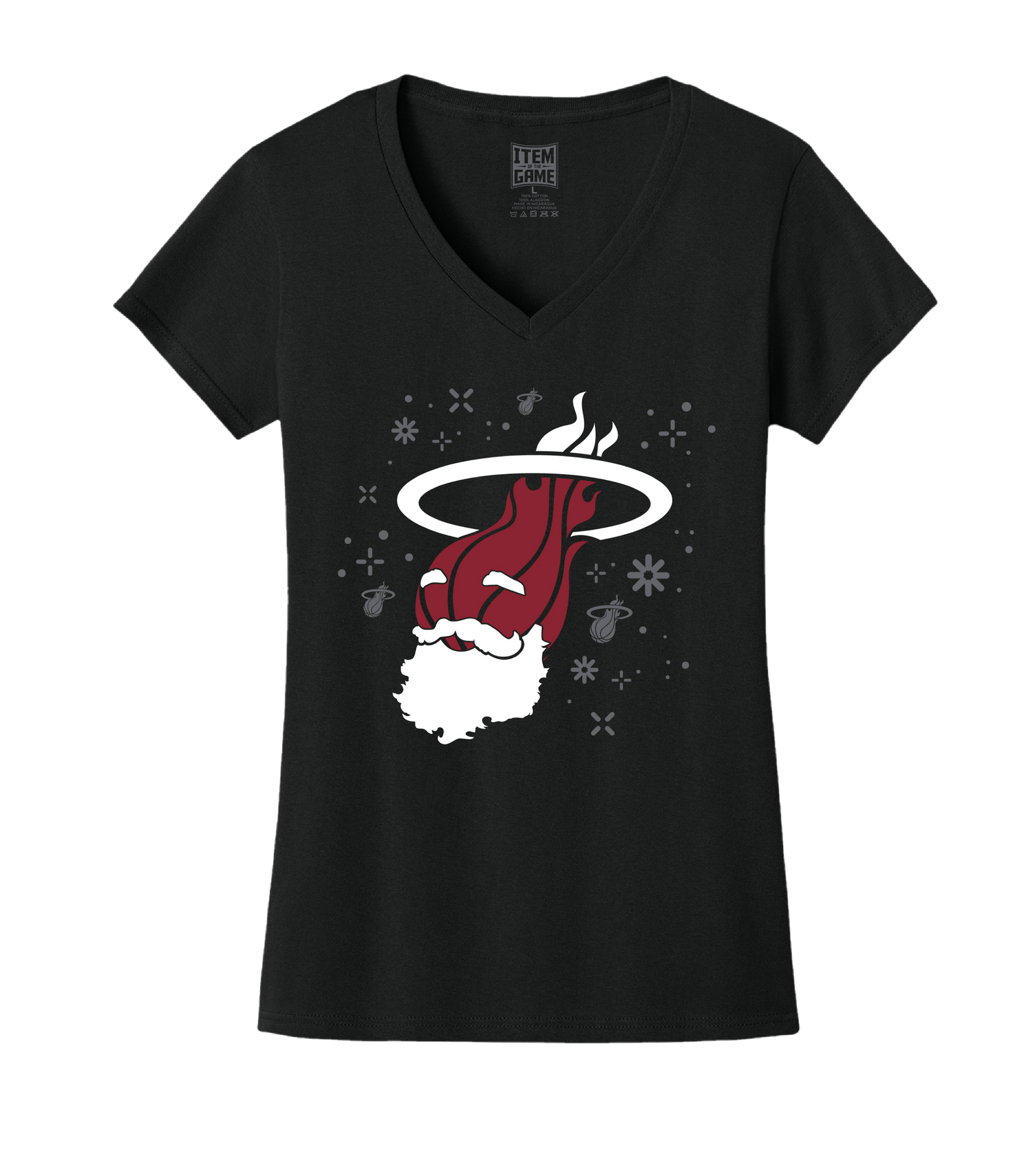 The Ho Ho HEAT Women's Tee by Item Of The Game is a black, 100% cotton V-neck featuring a red Santa-gloved hand holding a white beard in a Miami Heat flaming hoop with snowflakes and ornaments. Standard fit; machine wash cold.