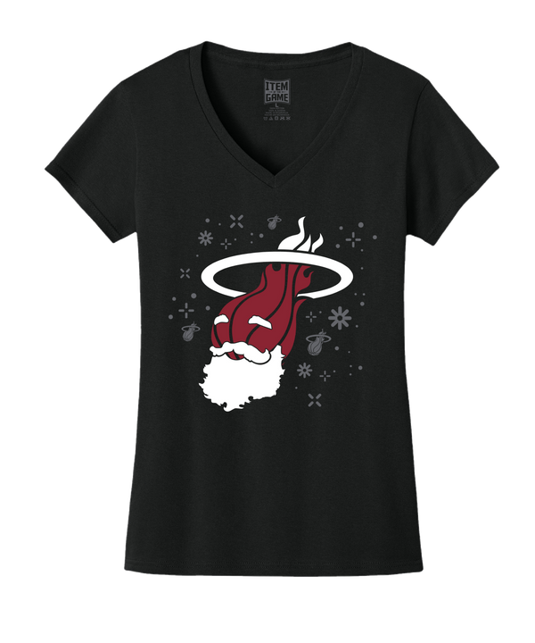 The Ho Ho HEAT Women's Tee by Item Of The Game is a black, 100% cotton V-neck featuring a red Santa-gloved hand holding a white beard in a Miami Heat flaming hoop with snowflakes and ornaments. Standard fit; machine wash cold.