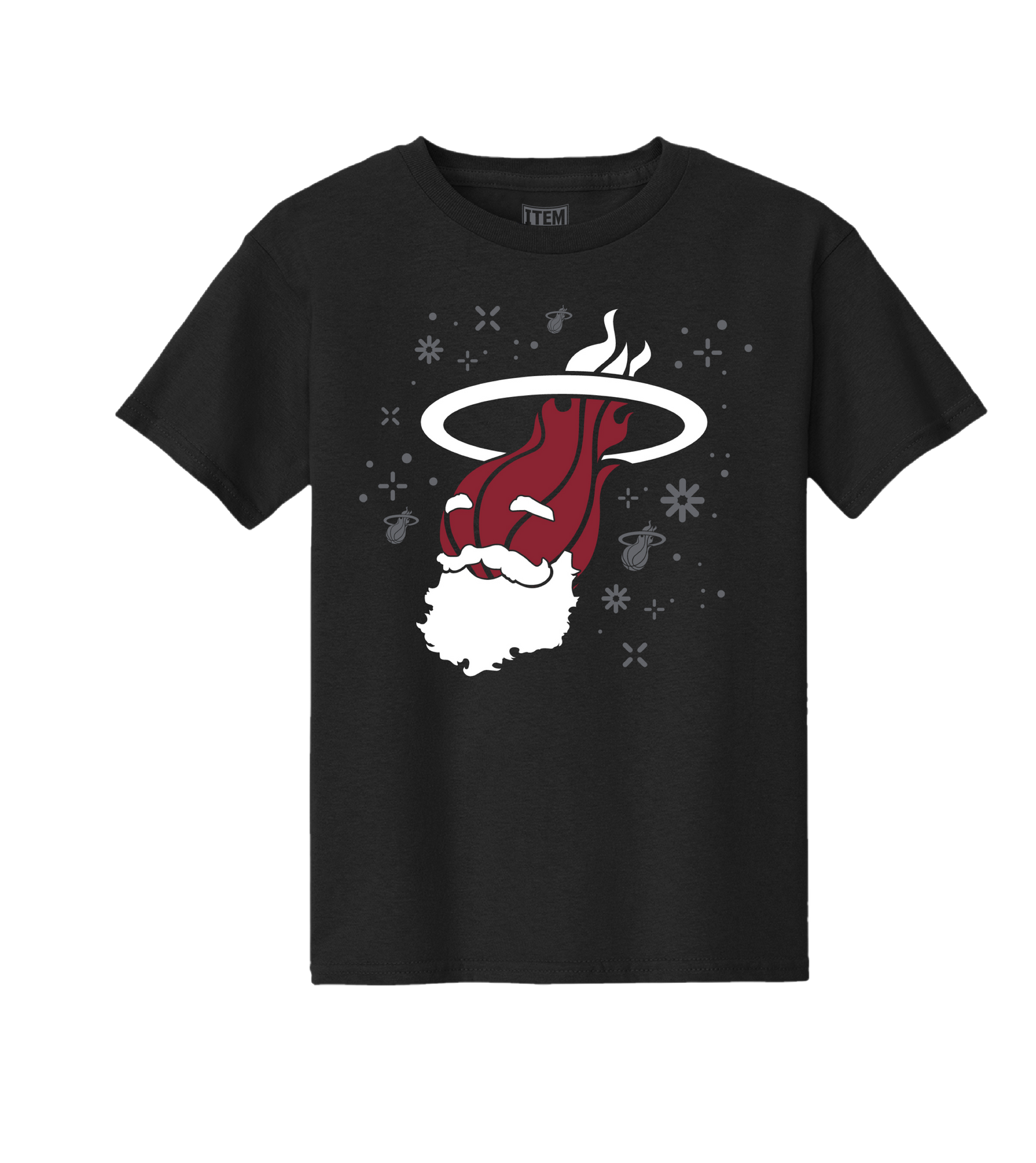 The Item Of The Game Ho Ho HEAT Youth Tee is a black standard-fit t-shirt with a festive graphic inspired by the Miami Heat logo, featuring a flaming basketball in a Santa hat with snowflakes and ornaments. Machine wash cold.