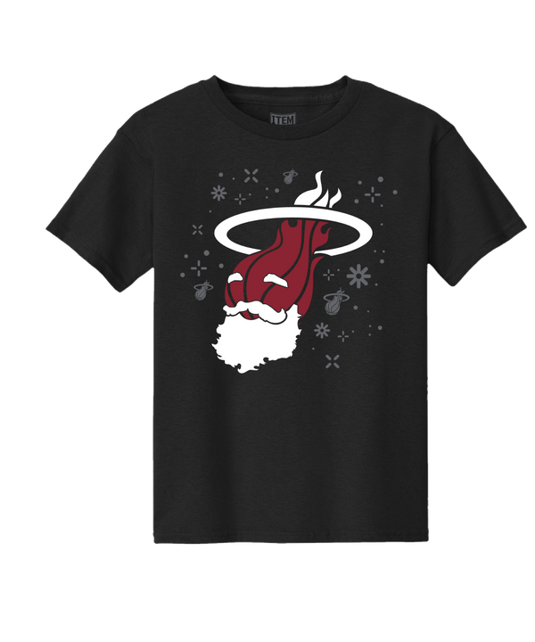 The Item Of The Game Ho Ho HEAT Youth Tee is a black standard-fit t-shirt with a festive graphic inspired by the Miami Heat logo, featuring a flaming basketball in a Santa hat with snowflakes and ornaments. Machine wash cold.