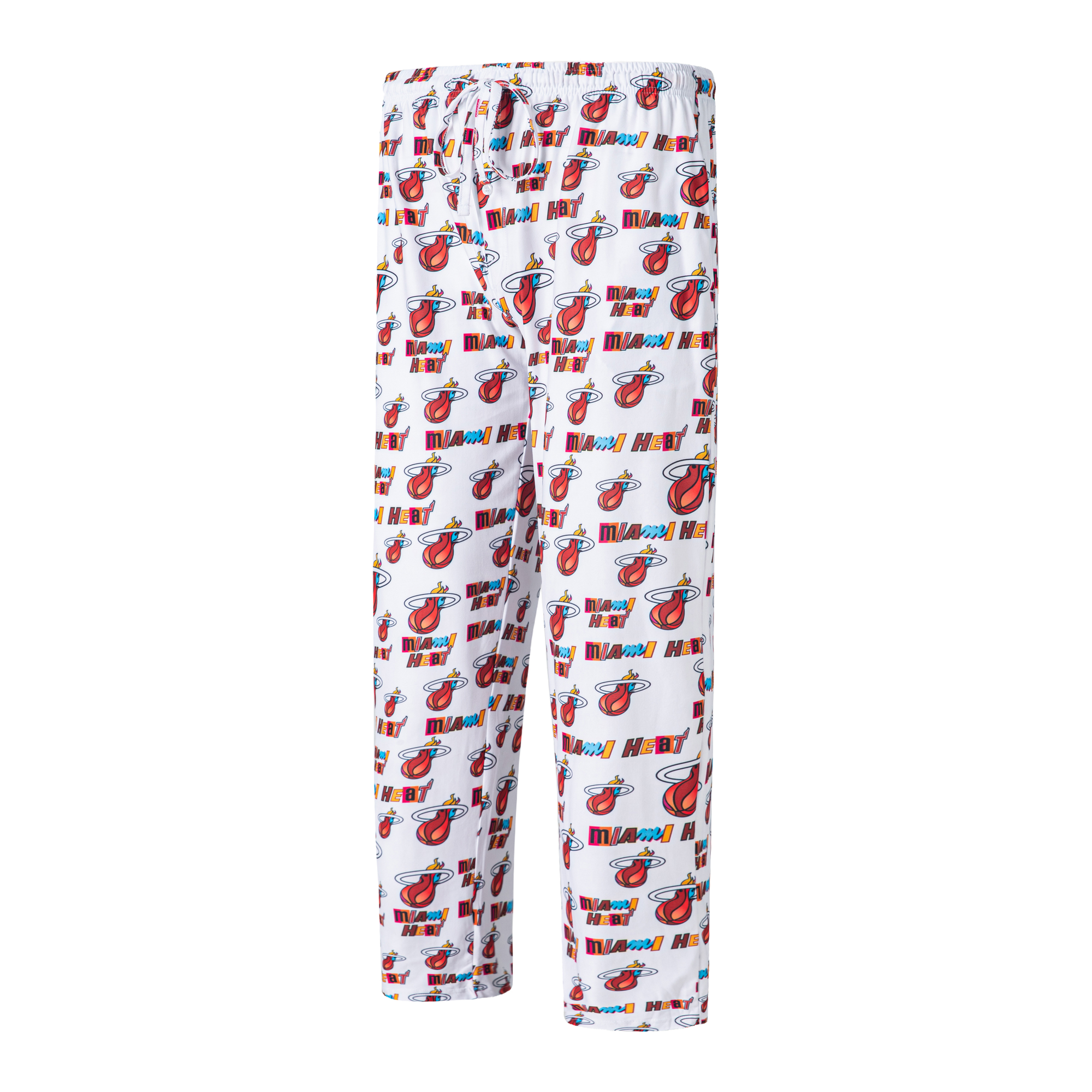 White pants with all-over colorful Miami HEAT logo mashup print and adjustable white drawstring waistband. - Concepts Sport Miami Mashup Vol. 2 Breakthrough Pants