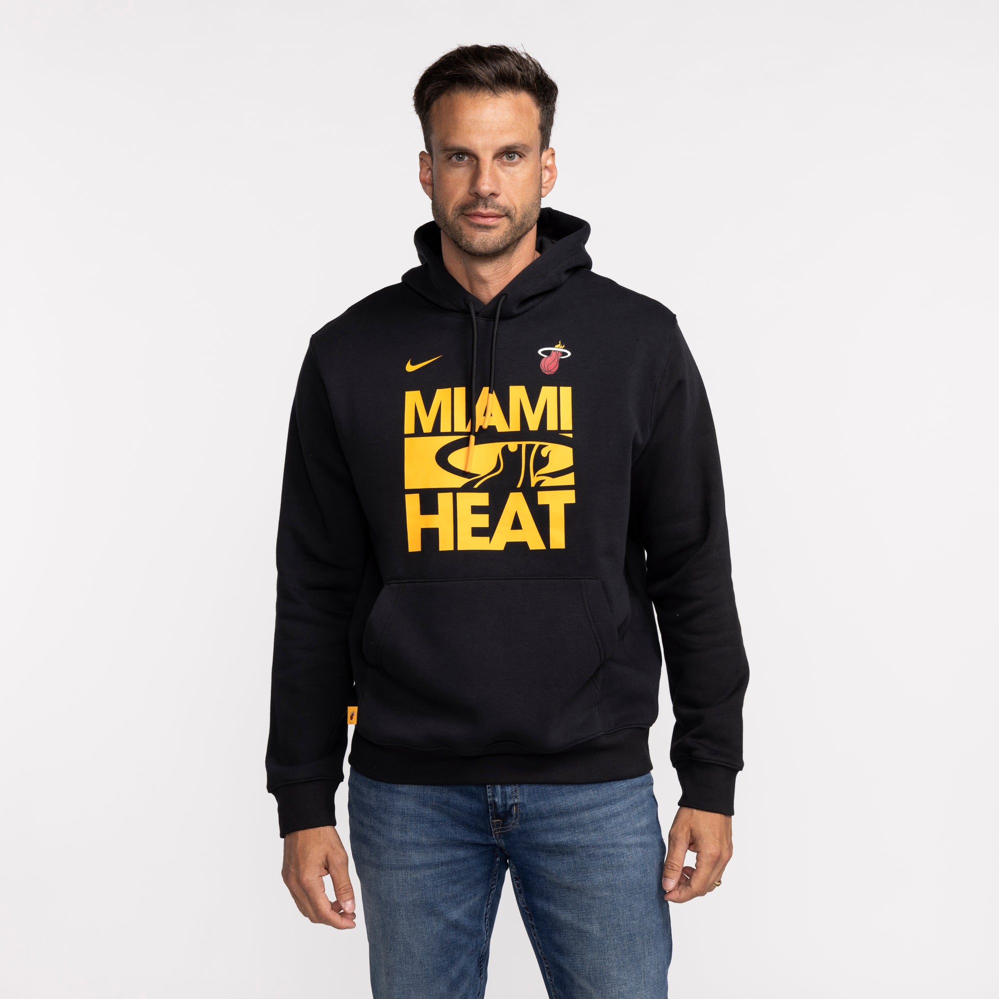 Black Nike pullover hoodie with yellow Miami HEAT wordmark and logo on chest. - Nike Miami HEAT Club Wordmark Pullover Hoodie