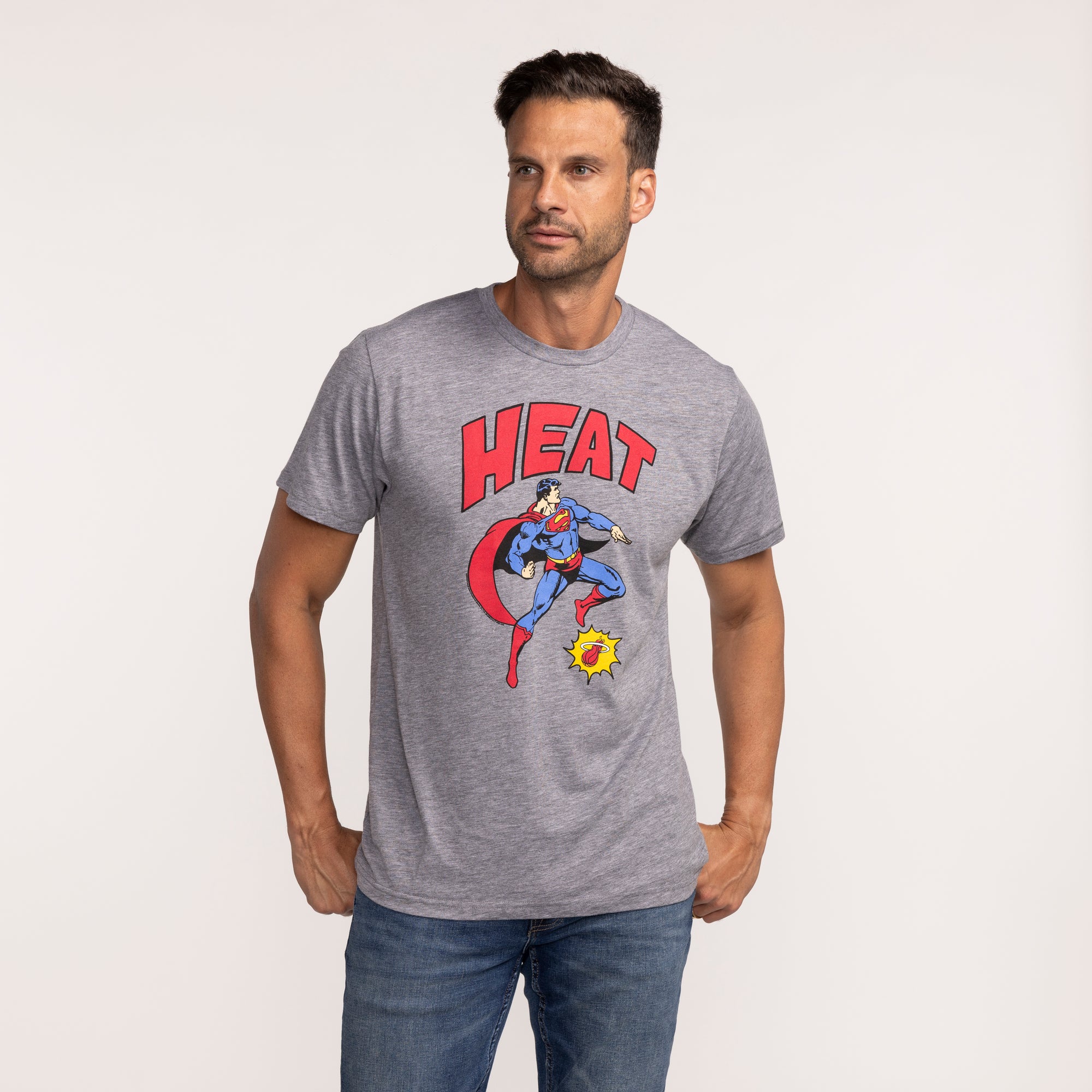 Gray short-sleeve tee featuring Miami HEAT text and Superman graphic on front. - Homage Miami HEAT Superman Tee