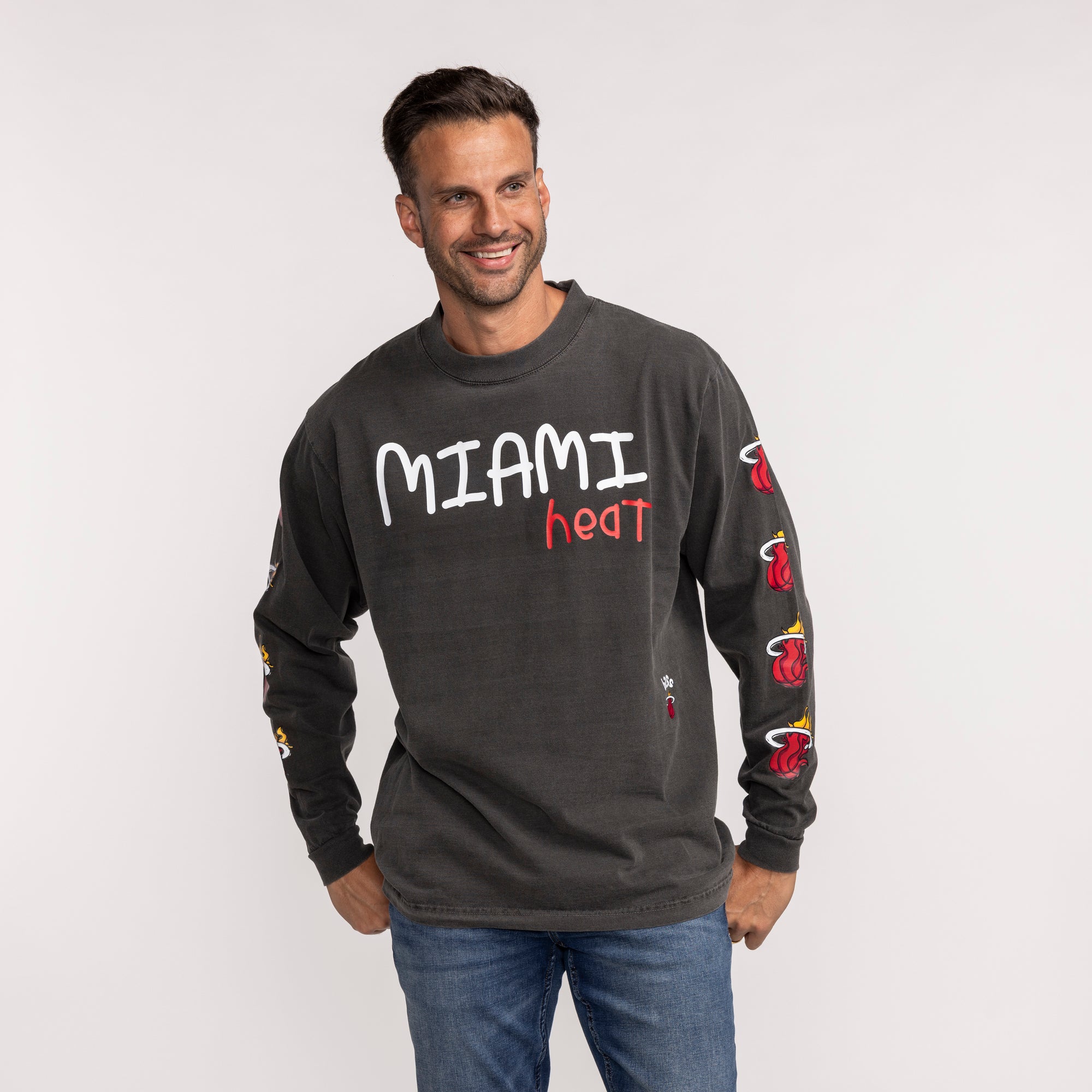 Charcoal long sleeve tee with Miami HEAT logo on chest and team flames down sleeves. - B2SS Miami HEAT Long Sleeve Tee