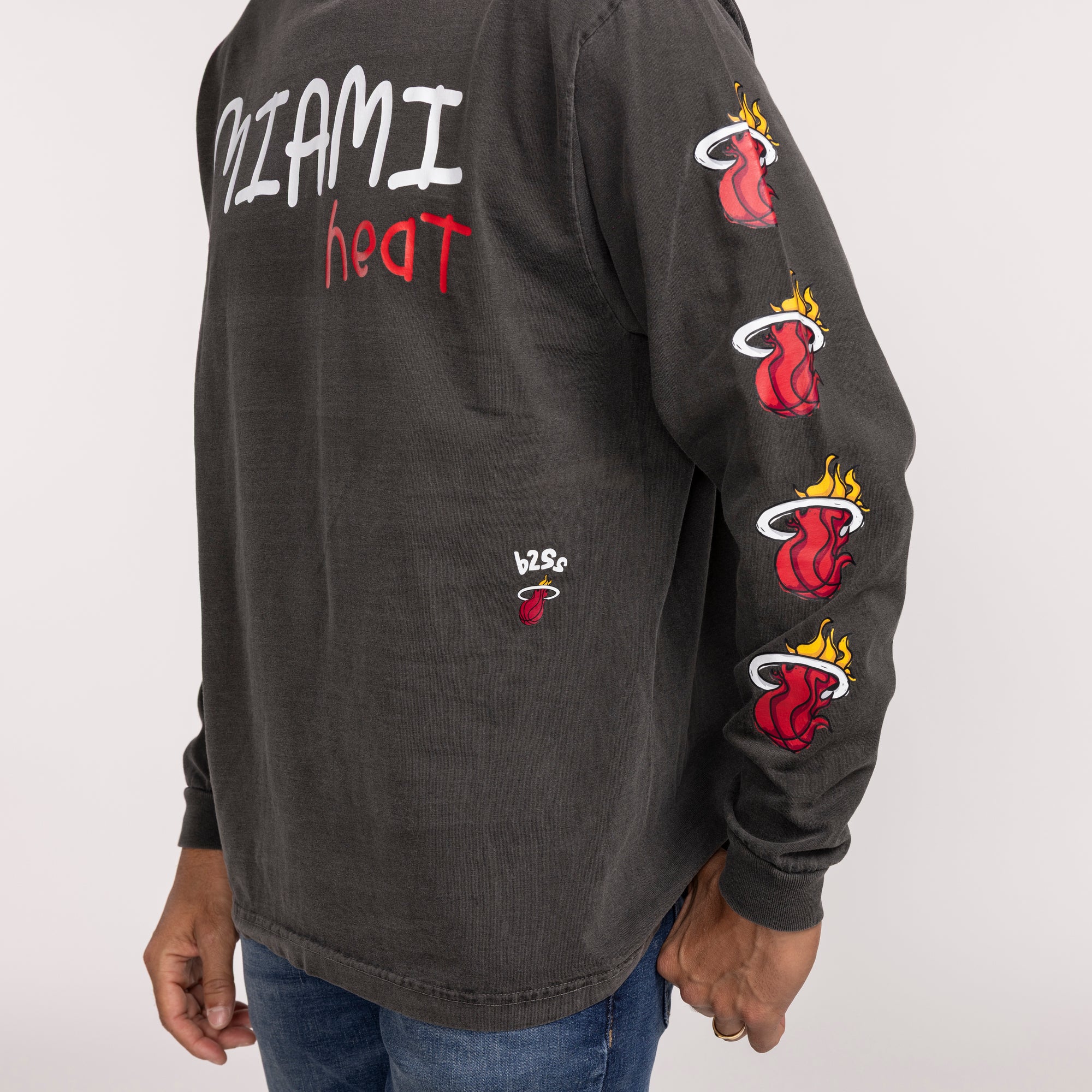 Charcoal long sleeve tee with Miami HEAT logo on sleeve and text on back. - B2SS Miami HEAT Long Sleeve Tee