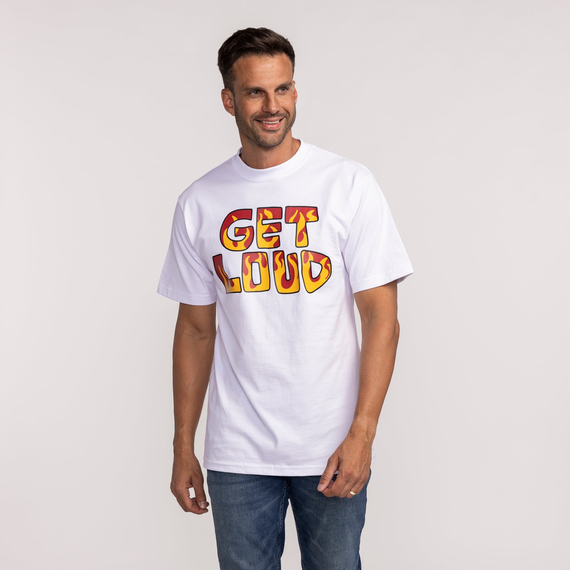 White short-sleeve tee with colorful 