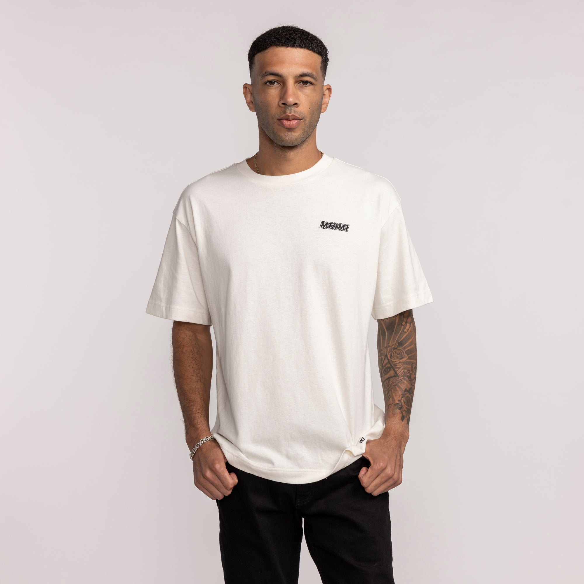 Cream short-sleeve t-shirt with small black Miami HEAT logo on left chest. - '47 Brand Miami HEAT Logo Foundation Tee