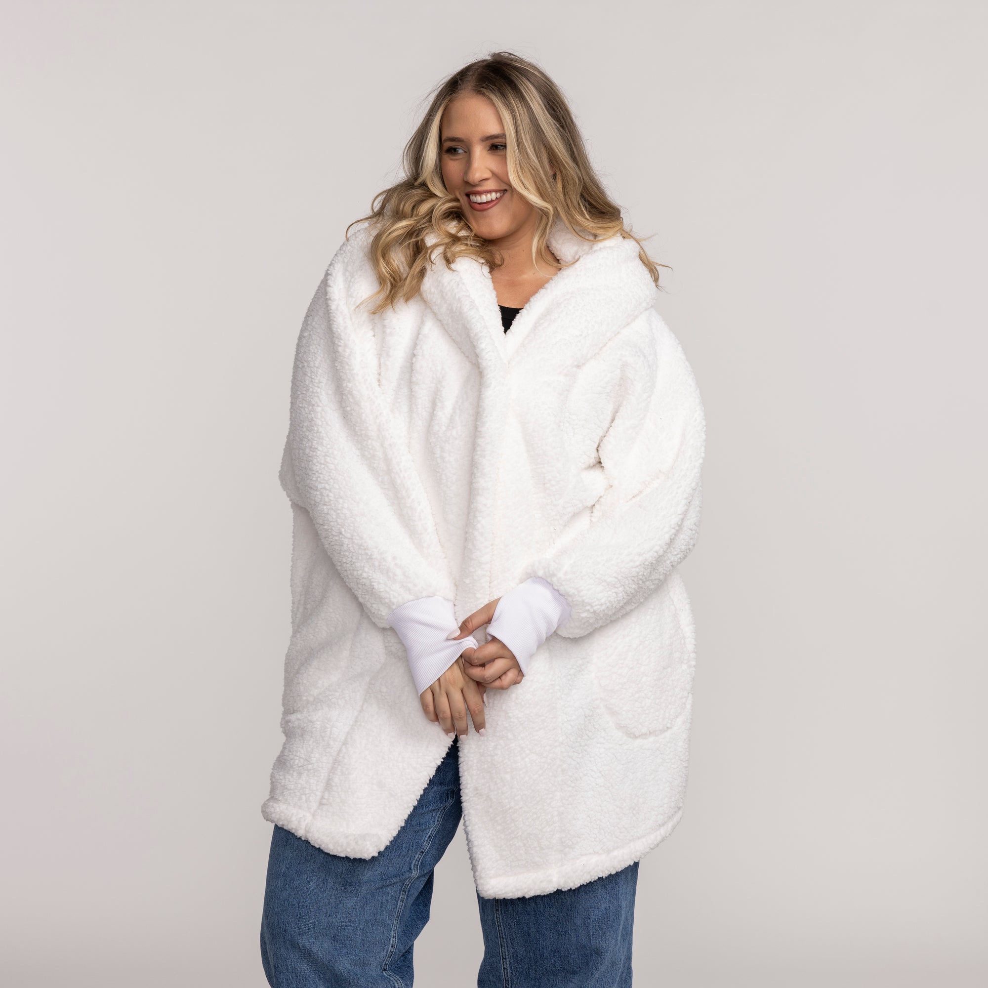 Oversized white plush Miami HEAT hoodie lounger with hood and front pockets. - Jill Martin Miami HEAT Original Vice Lounger Plush
