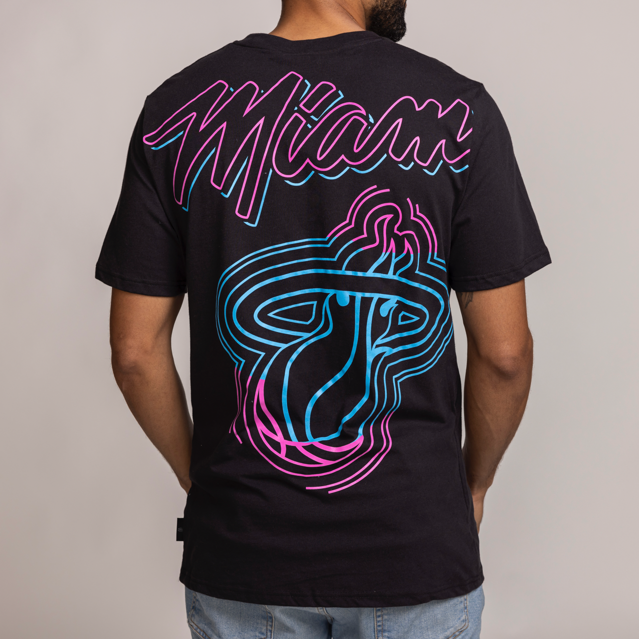 Black Miami HEAT tee with neon pink and blue 