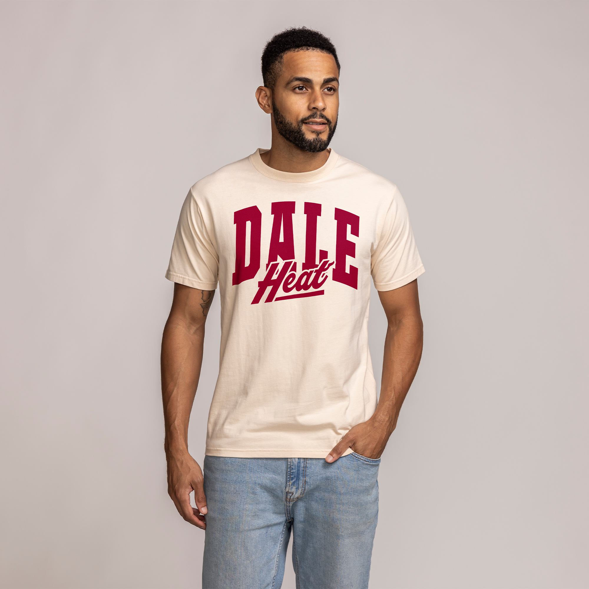 Cream short-sleeve tee with bold red 