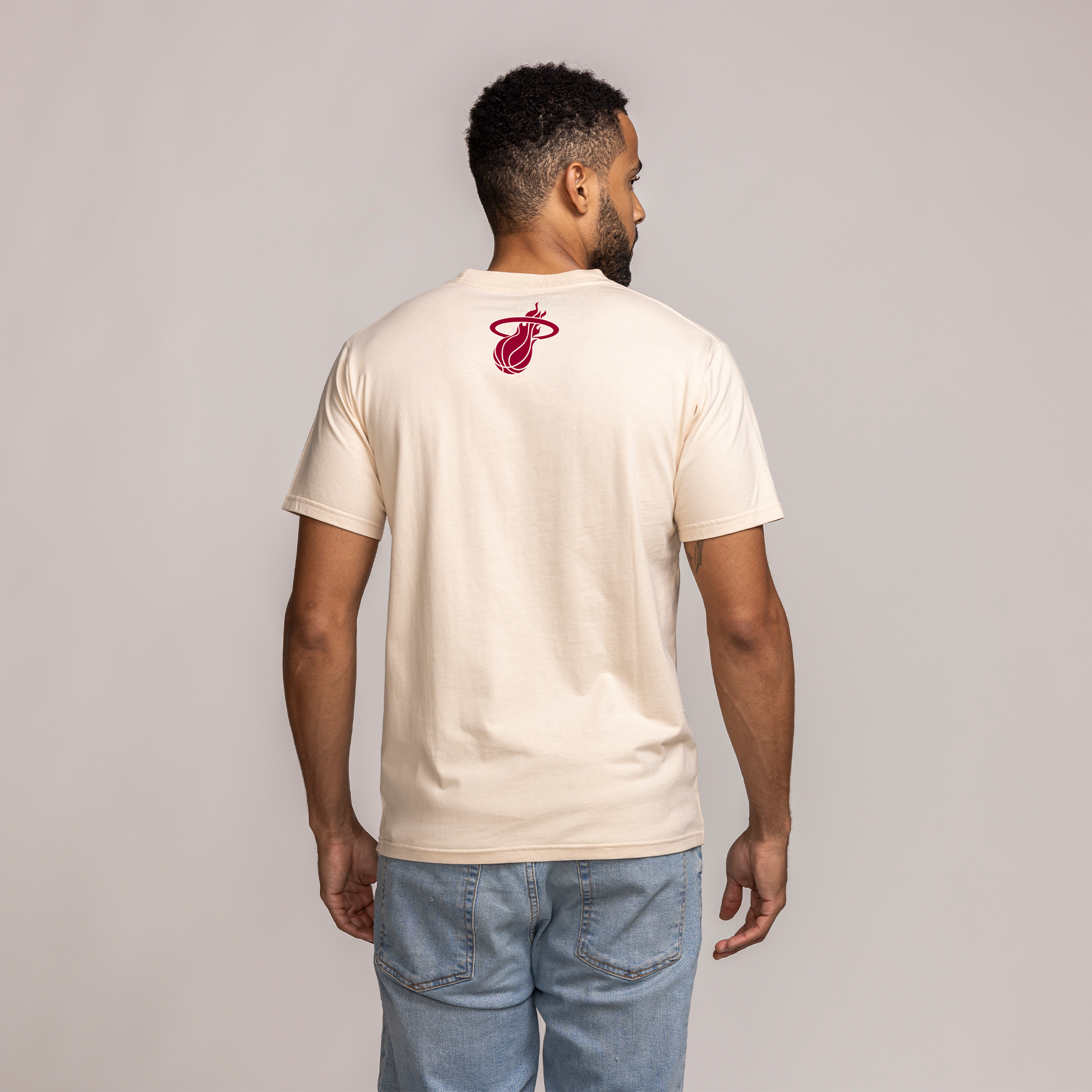 Men's cream Court Culture tee with small red Miami HEAT logo on upper back, short sleeves. - Court Culture 