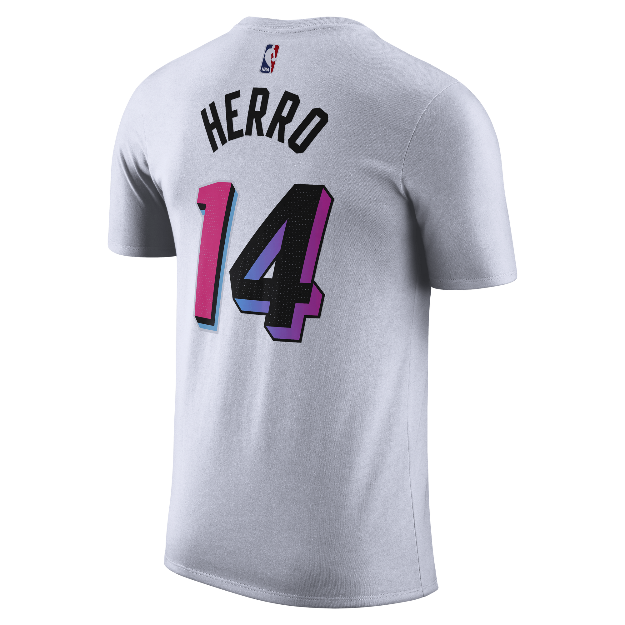 White Miami HEAT T-shirt with Tyler Herro name and number 14 in pink and purple block letters. - Tyler Herro Nike Miami Mashup Vol. 2 Name & Number Tee