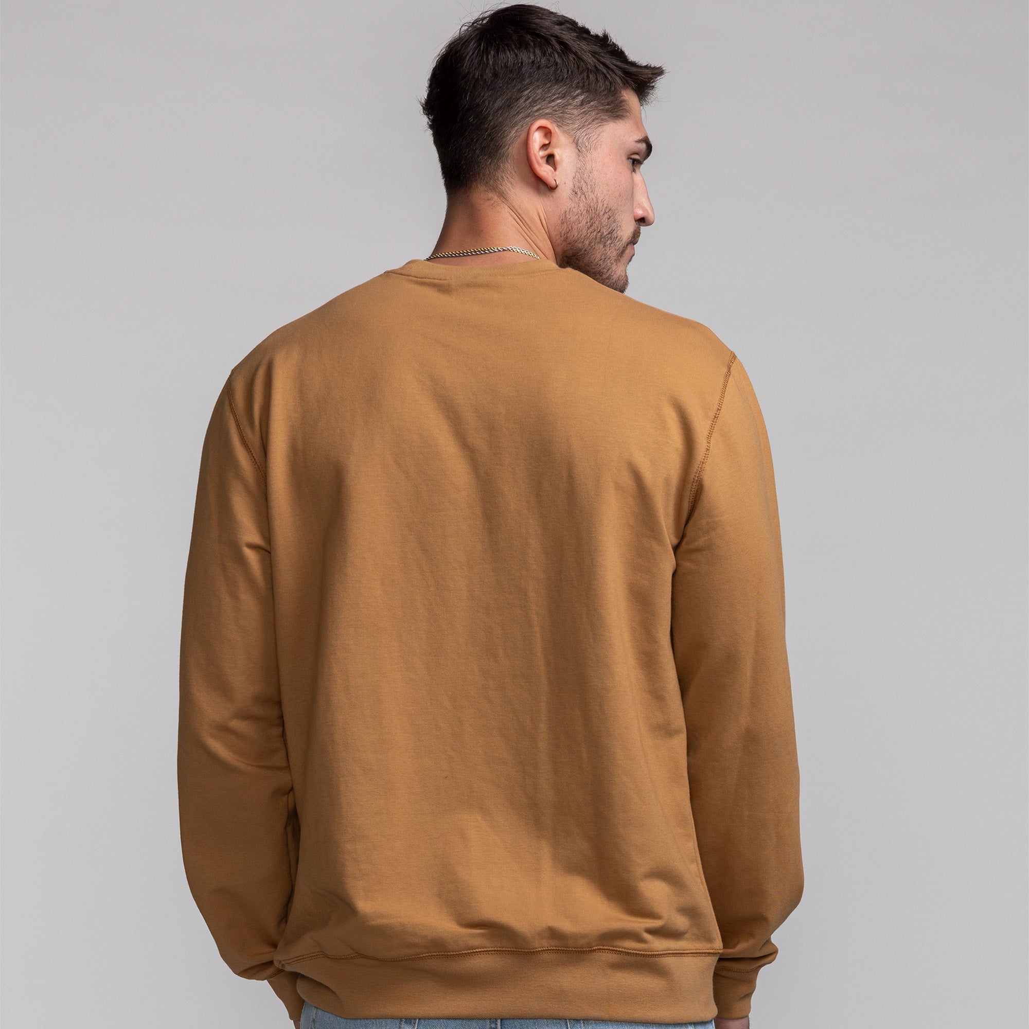 Tan New Era crewneck sweatshirt featuring Miami HEAT design shown from the back. - New Era Miami HEAT Tan Crewneck