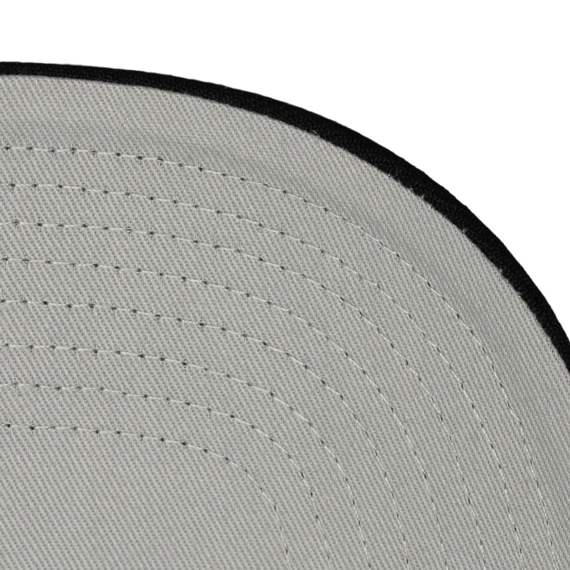 Close-up of the underside of a gray polyester Mitchell & Ness Miami HEAT Diamond Cut Snapback brim, featuring multiple rows of stitching and a black edge; one size fits most, spot clean only.