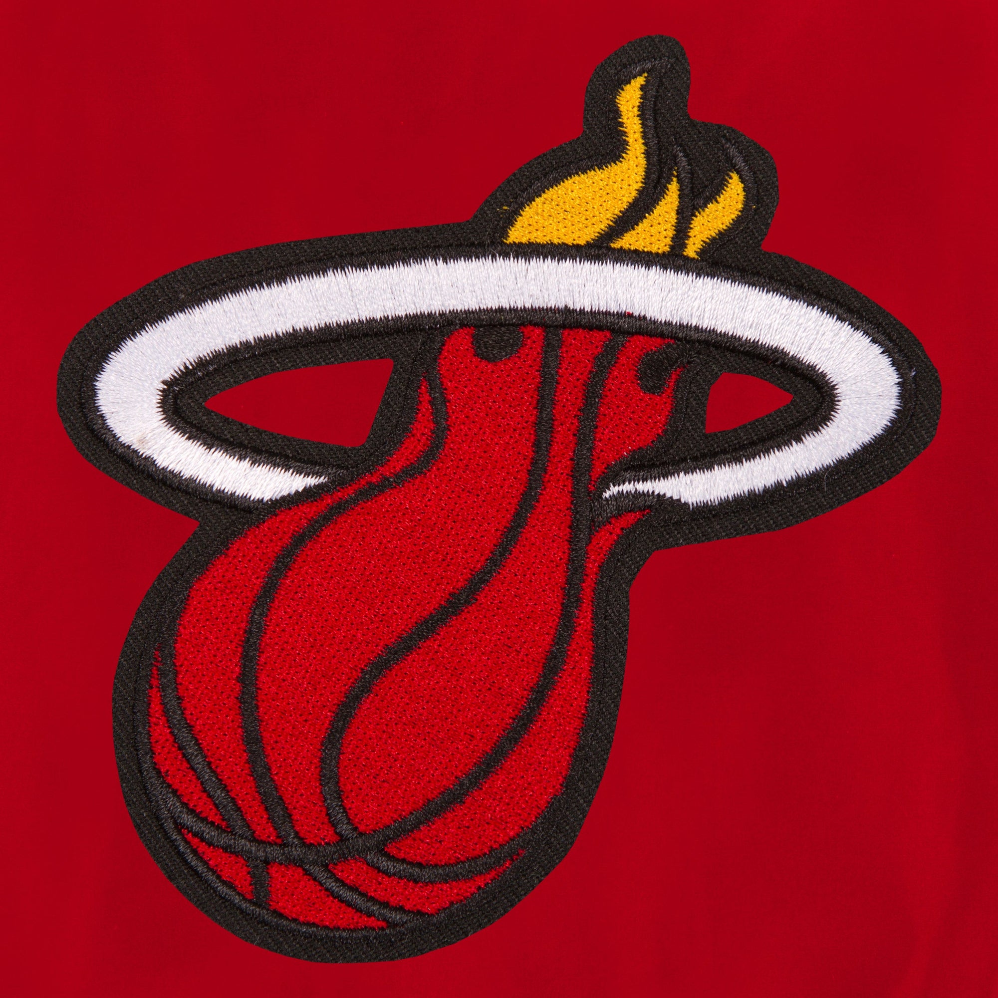 The image displays the Miami Heat logo—a red basketball with a yellow flame through a white hoop—on the JH Designs Miami HEAT Red Nylon Bomber Jacket, ideal for embroidered logos from JH Designs.