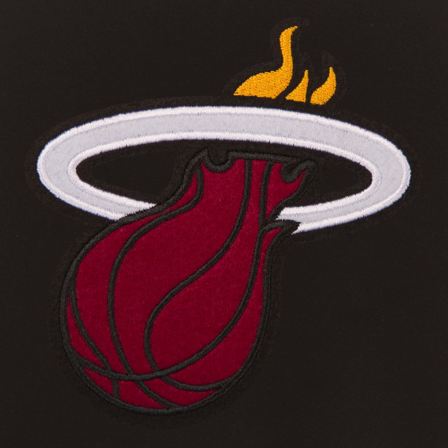 The image features a stylized flaming basketball, the Miami Heat's iconic logo, set on black—reflecting the JH Designs Miami HEAT Reversible Varsity Jacket by JH Designs, which showcases embroidered team logos.