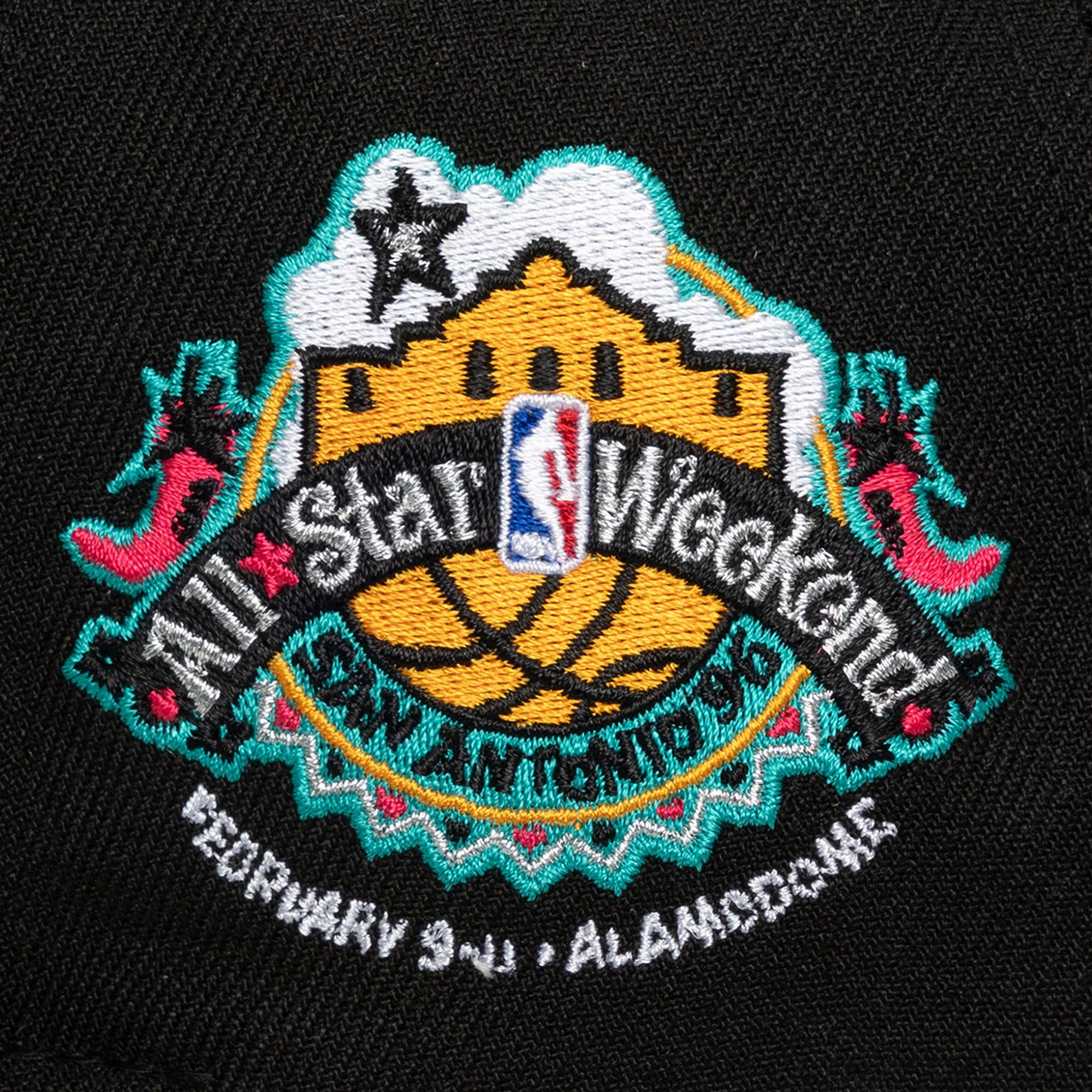 The Mitchell & Ness Miami HEAT '96 All-Star Snapback features NBA All-Star San Antonio 96 embroidery with a basketball, Alamo, vibrant patterns, and Feb 9-11 • Alamodome text on black—great for spot cleaning or your favorite polyester hat.