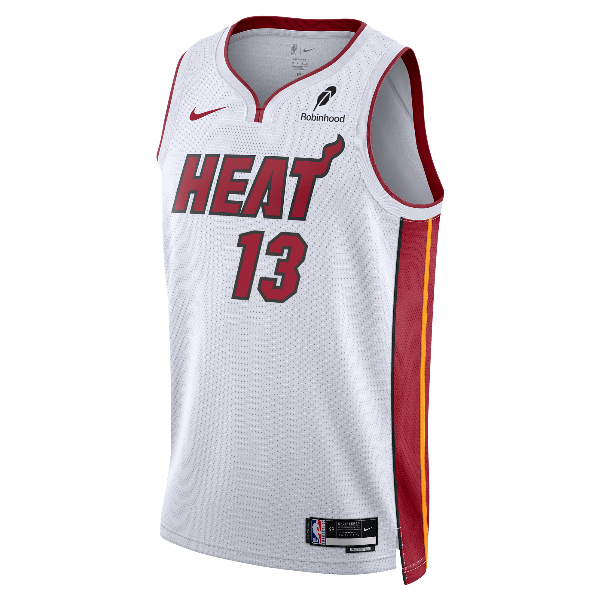 The Bam Adebayo Nike Miami HEAT Youth Association White Swingman Jersey features red HEAT text, number 13, red/yellow side panels, NBA and Nike logos, and Dri-FIT fabric for moisture-wicking comfort on or off the court.