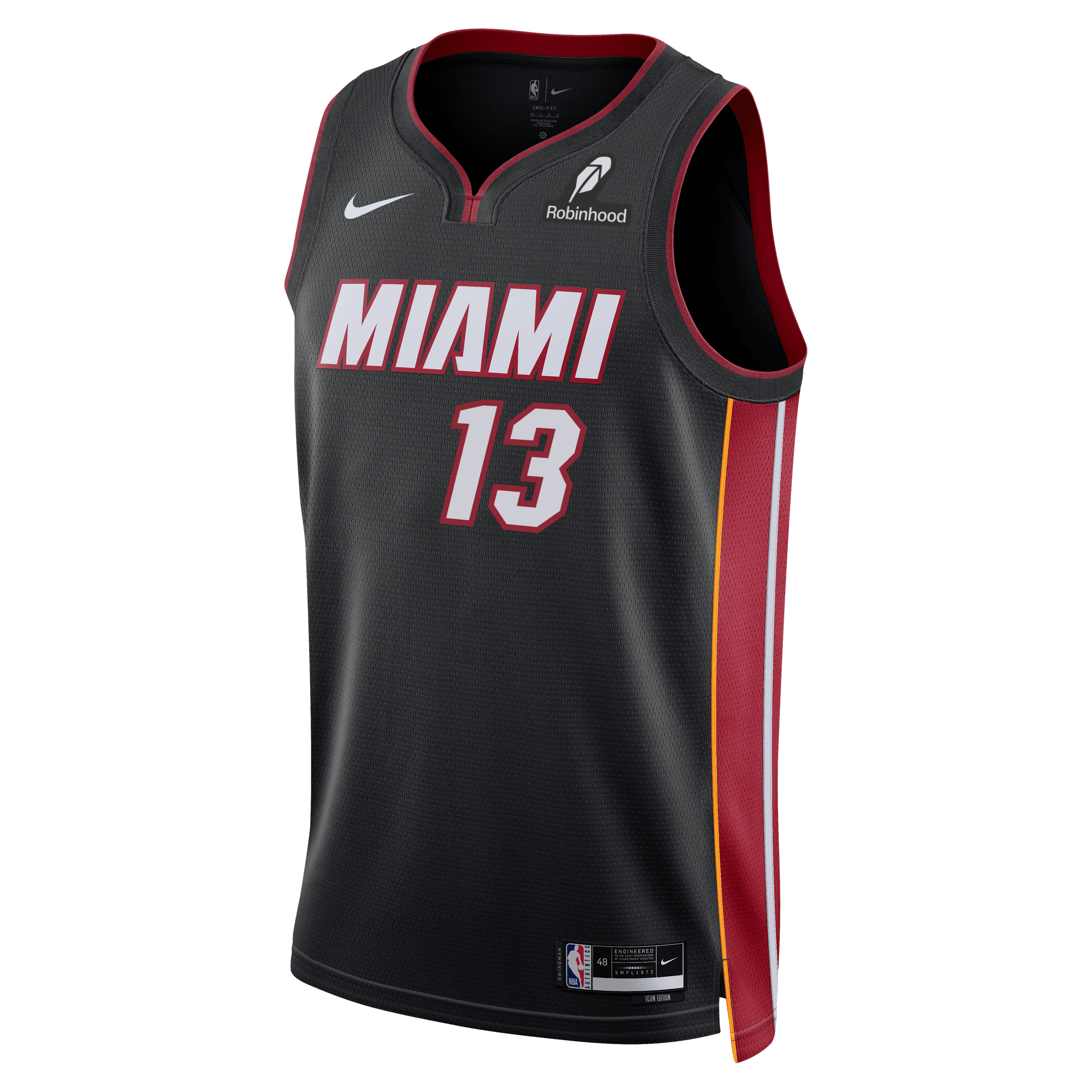 The Bam Adebayo Nike Miami HEAT Icon Black Swingman Jersey features red and white MIAMI lettering, number 13 front, black collar, red/yellow side panels, moisture-wicking Dri-FIT tech, Robinhood logo on chest, and NBA tag at the hem.