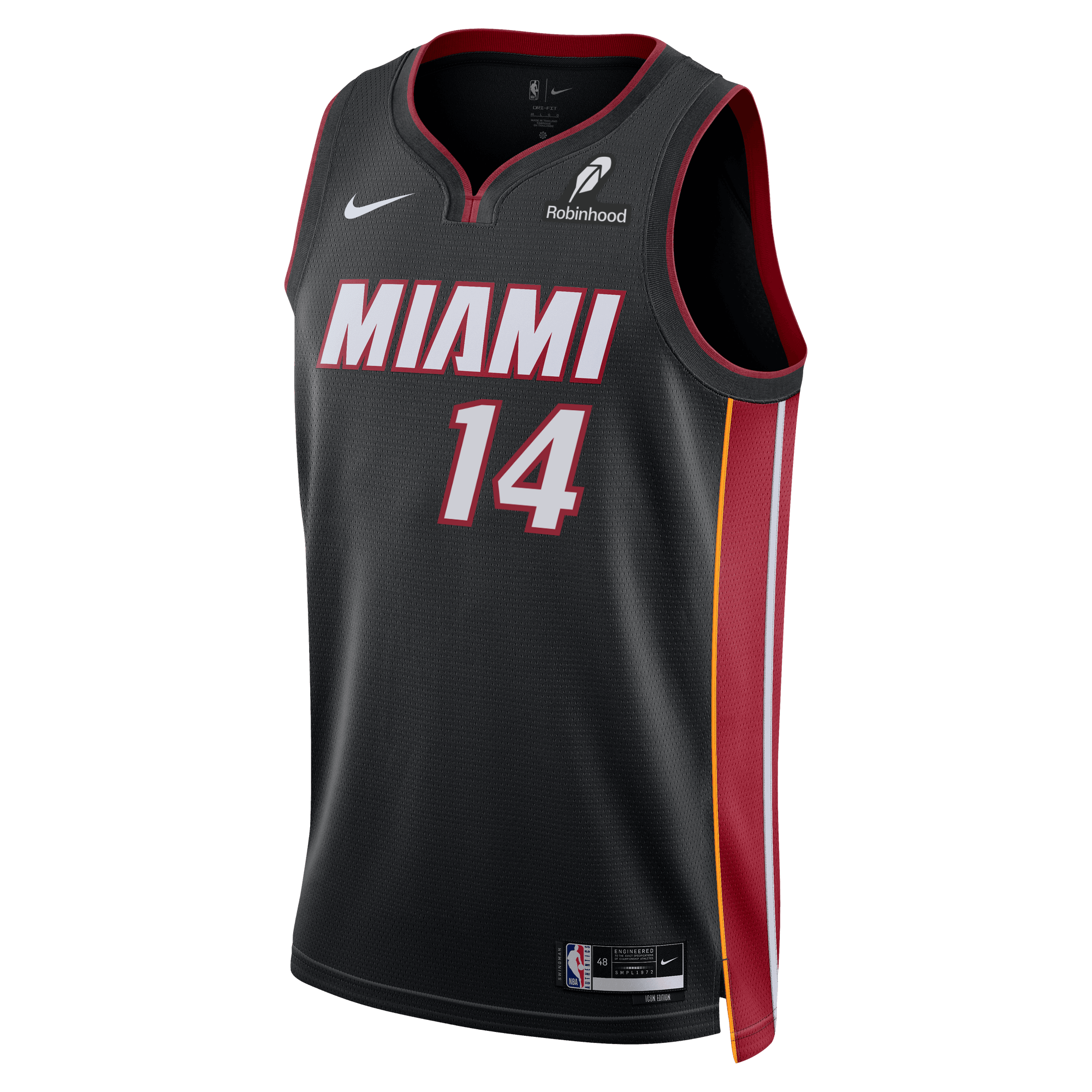The Tyler Herro Nike Icon Black Youth Swingman Jersey features number 14, white MIAMI text, red and white trim, Nike, NBA, Robinhood logos, and Dri-FIT moisture-wicking technology for cool comfort on or off the court.