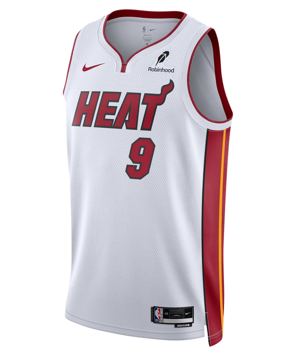 The Nike Pelle Larsson Miami HEAT Association White Swingman Jersey features red 