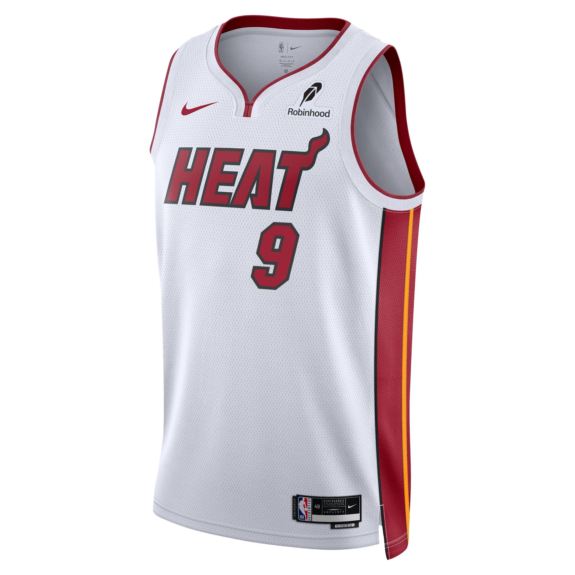 The Nike Pelle Larsson Miami HEAT Association White Youth Swingman Jersey features red/yellow side stripes, number 9, 
