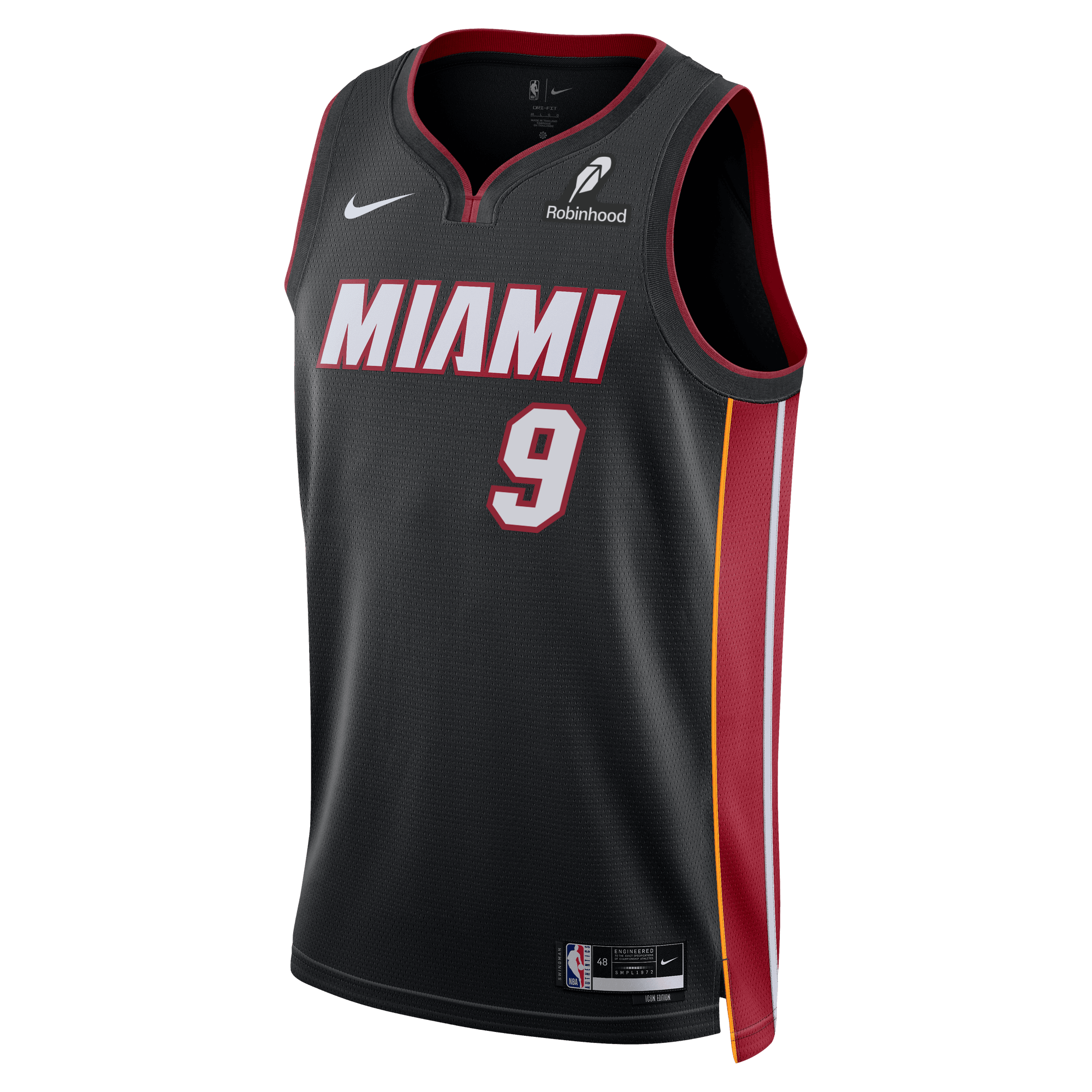 The Nike Pelle Larsson Miami HEAT Icon Black Youth Swingman Jersey features number 9, bold red 