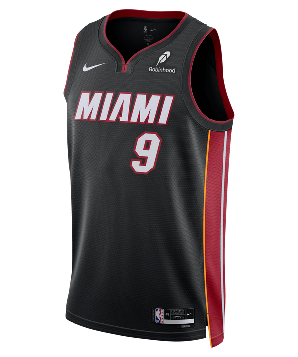 The Nike Pelle Larsson Miami HEAT Icon Black Youth Swingman Jersey features number 9, bold red 