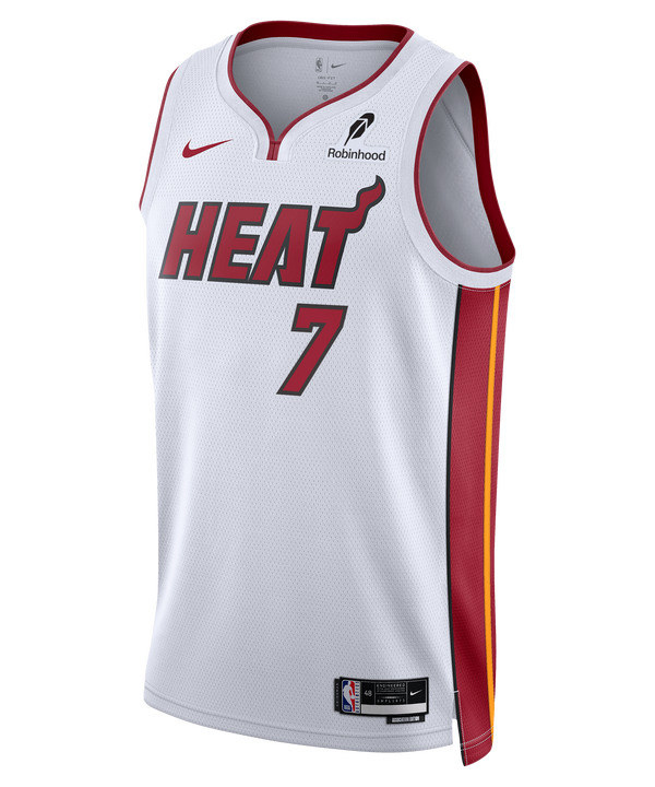 The Kel'el Ware Nike Miami HEAT Association White Swingman Jersey features red/yellow side stripes, bold red HEAT text, number 7 on front, Robinhood and Nike logos above the chest, and Dri-FIT moisture-wicking technology.