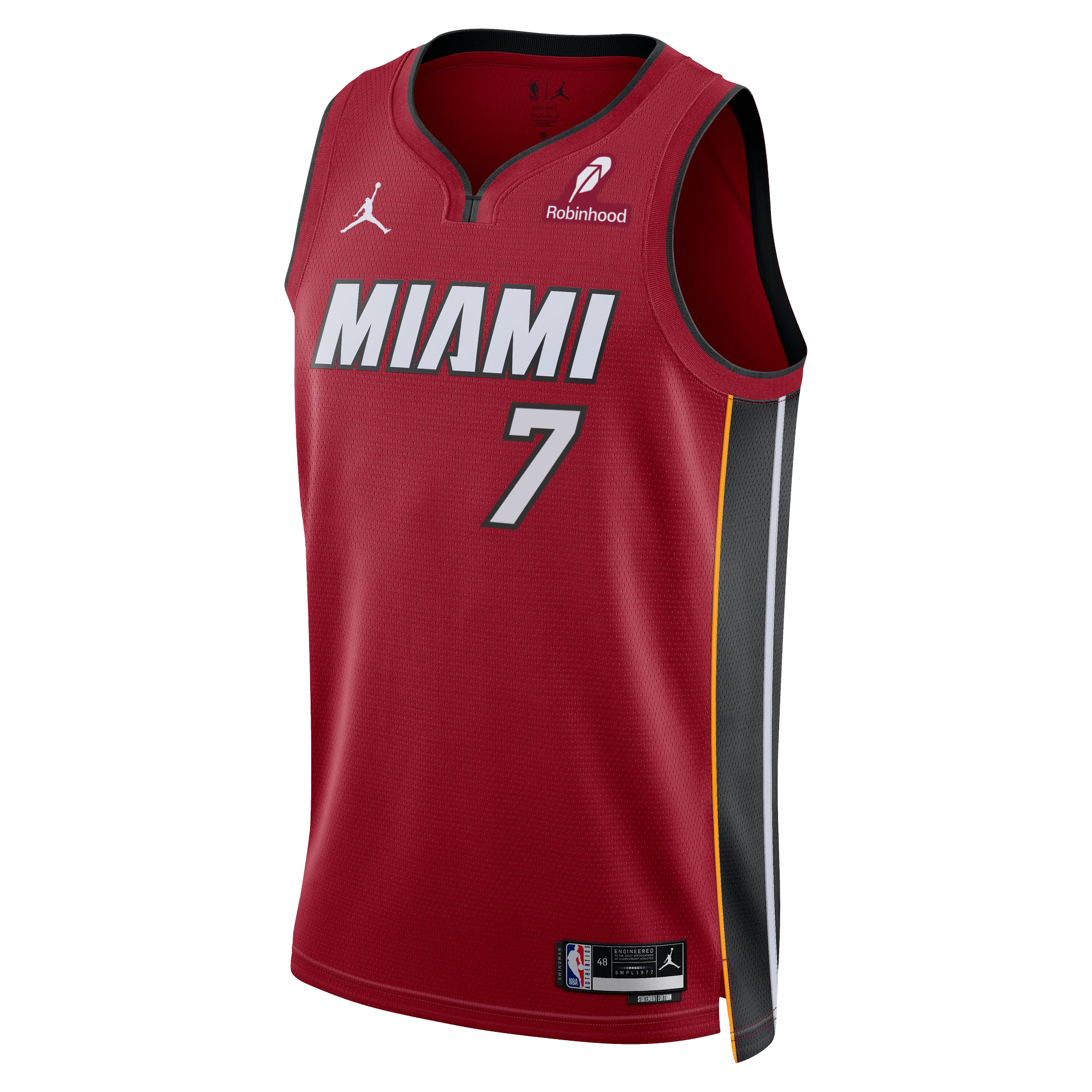 The Kel'el Ware Nike Jordan Brand Miami HEAT Statement Red Swingman Youth Jersey features number 7, gray and white MIAMI text, black/yellow side panels, Robinhood & Jordan Brand logos, and Dri-FIT moisture-wicking tech.