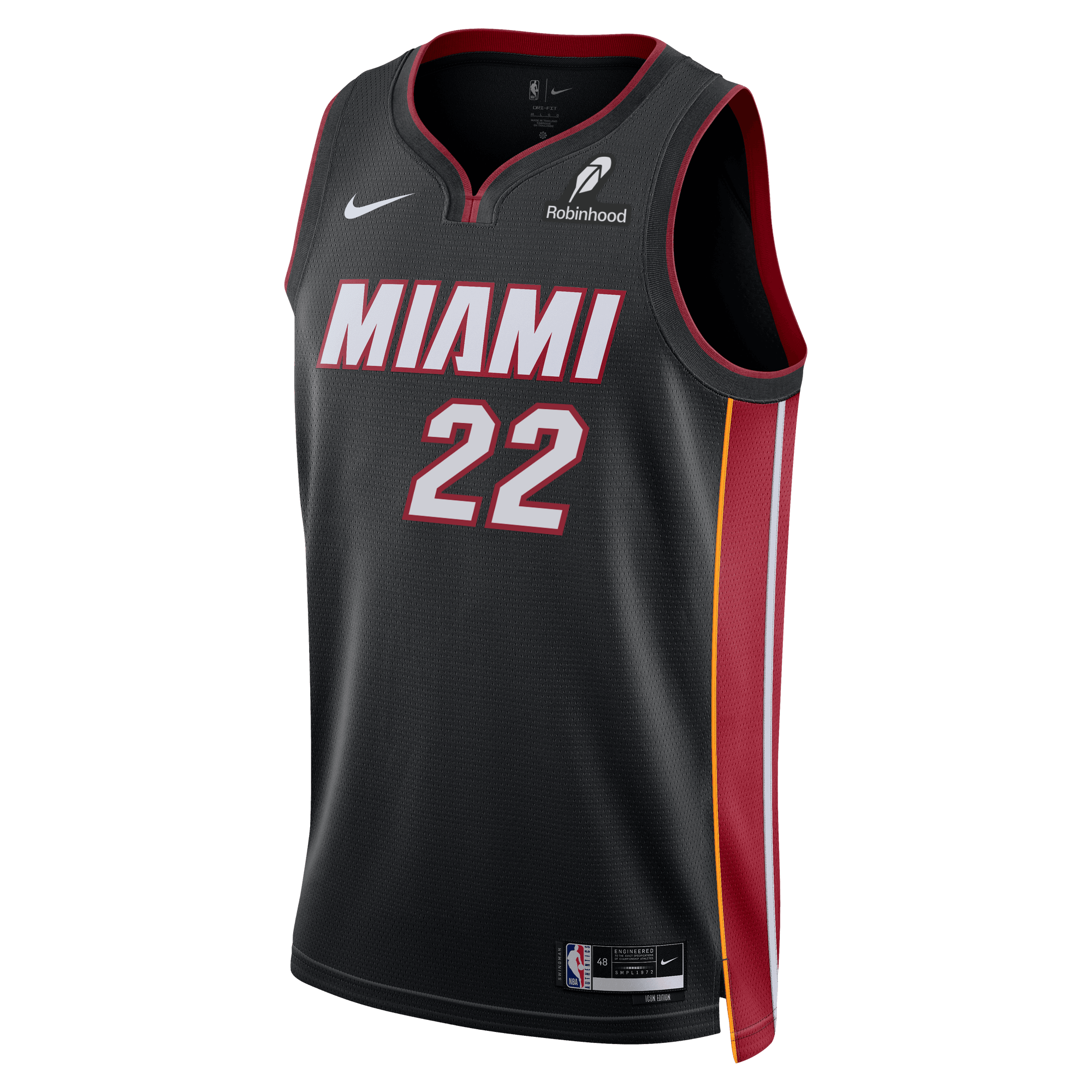 The Andrew Wiggins Nike Miami HEAT Icon Black Youth Swingman Jersey features red and yellow side panels, number 22 in white and red, 