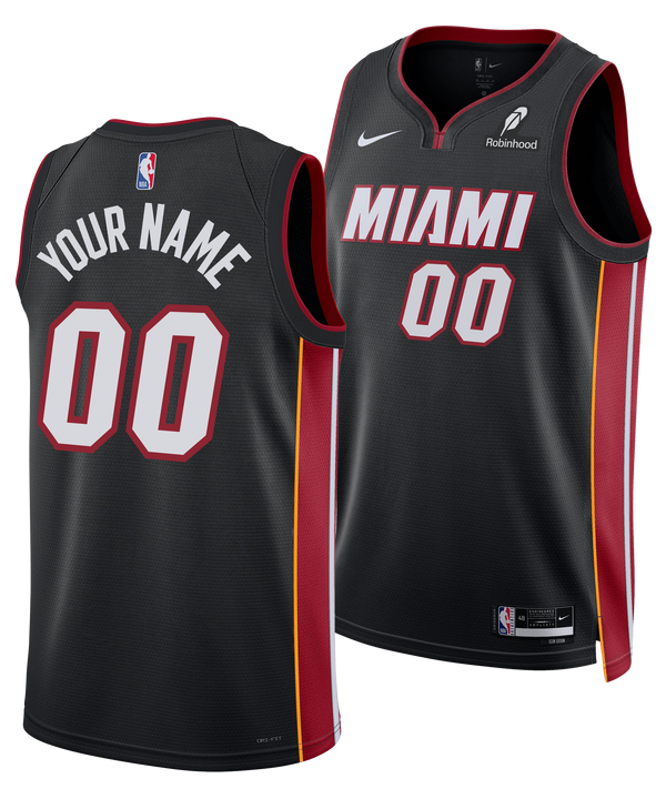The Nike Miami HEAT Icon Black Youth Swingman Jersey can be personalized with your name and number 00 in white and red; featuring 