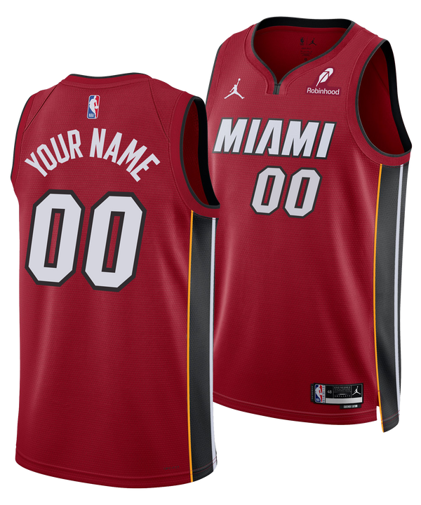 The Personalized Nike Jordan Brand Miami HEAT Statement Red Swingman Jersey by Nike is shown front and back with 