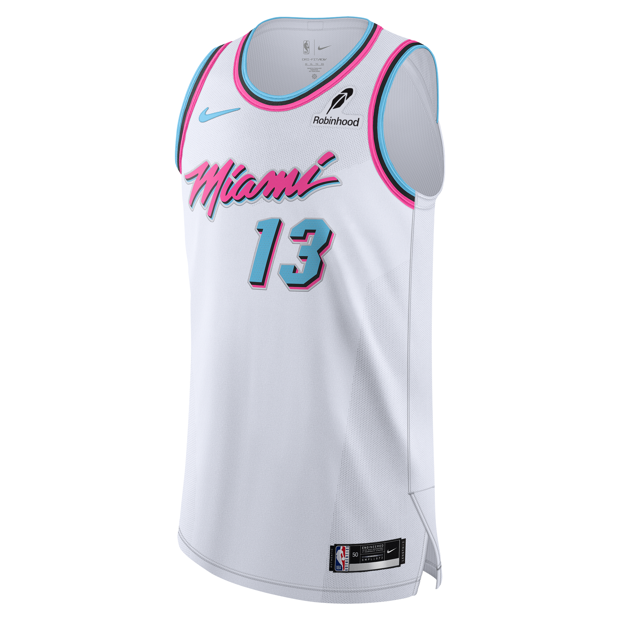 Miami HEAT Bam Adebayo white Nike Original Vice Authentic jersey with pink and blue accents, number 13. - Bam Adebayo Nike Original Vice Authentic Jersey