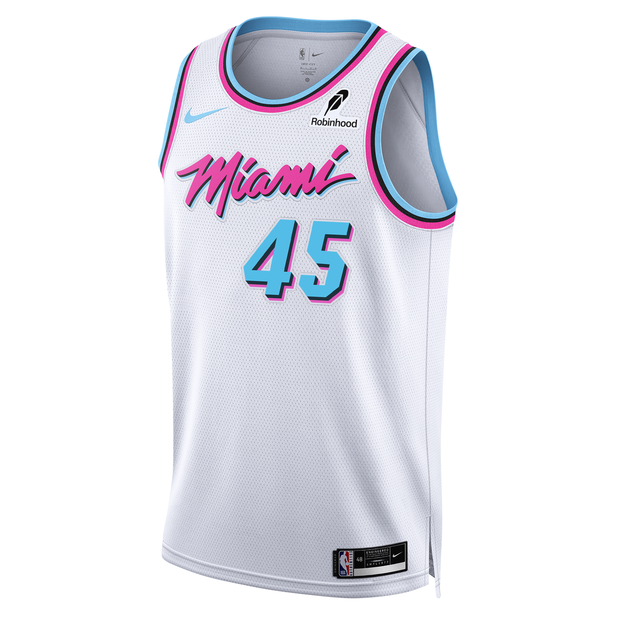 Miami HEAT white Davion Mitchell Nike Original Vice Swingman jersey with pink and blue trim, number 45. - Davion Mitchell Nike Original Vice Swingman Jersey