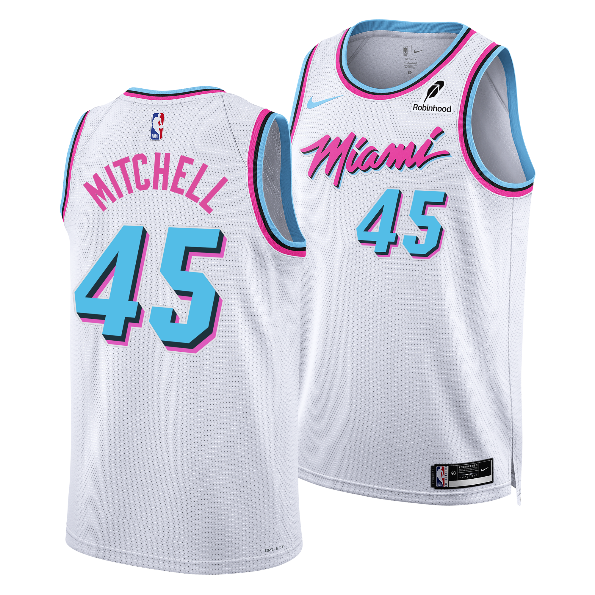 White Miami HEAT Davion Mitchell Nike Original Vice Swingman jersey with pink and blue accents, number 45. - Davion Mitchell Nike Original Vice Swingman Jersey