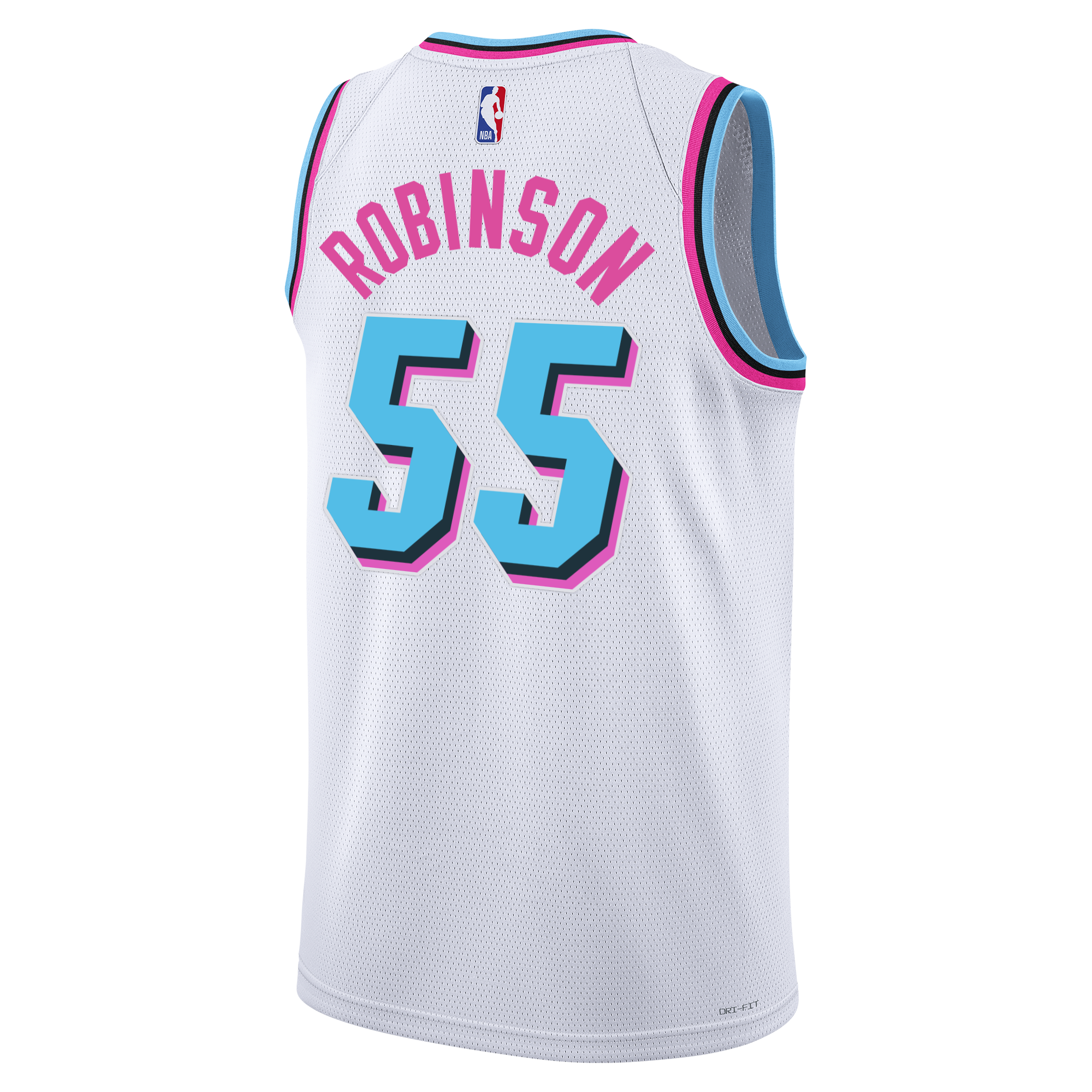 White Miami HEAT Duncan Robinson Swingman jersey with blue and pink trim, number 55 on back. - Duncan Robinson Nike Original Vice Swingman Jersey