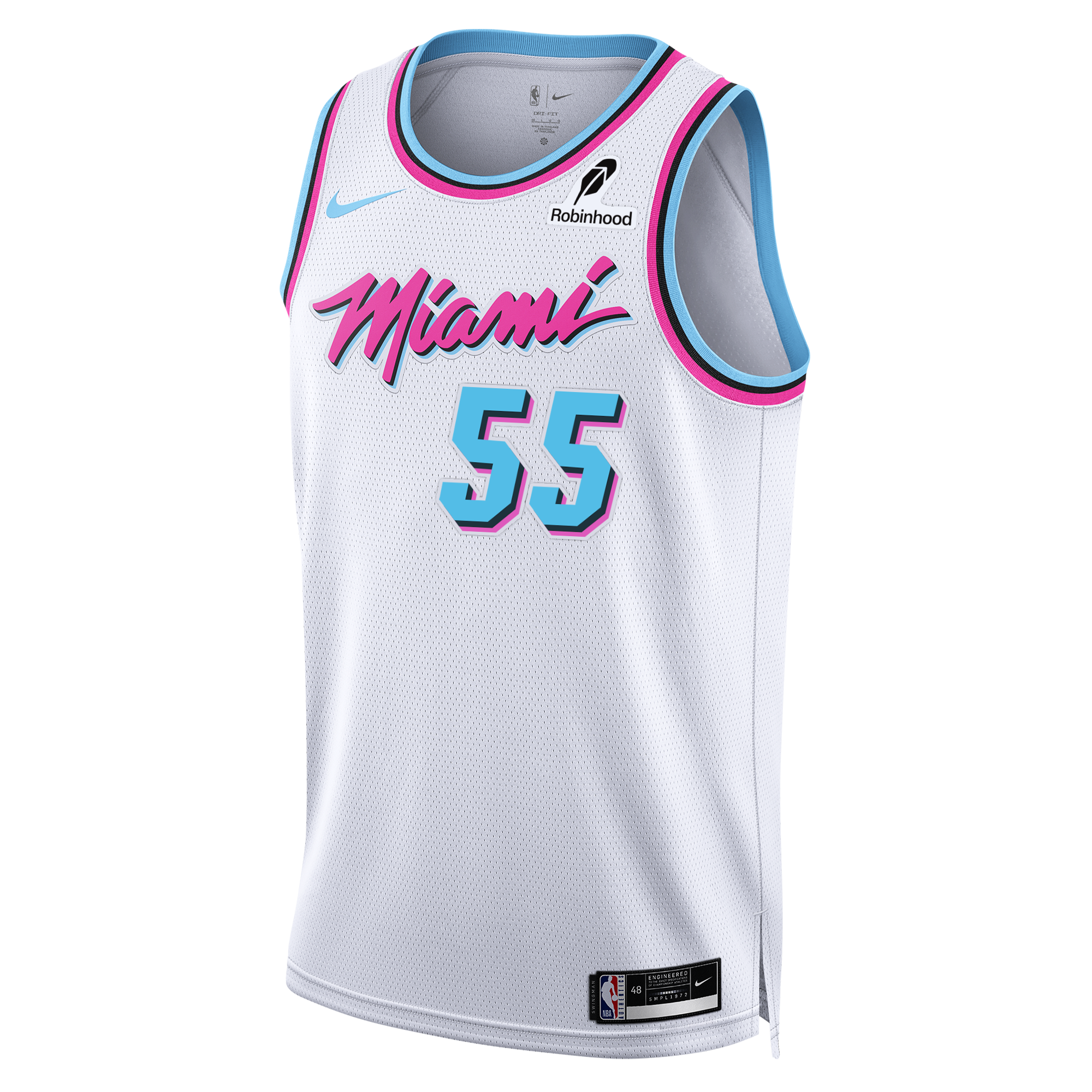 Miami HEAT Duncan Robinson Nike Original Vice Swingman jersey in white with pink and blue accents, number 55. - Duncan Robinson Nike Original Vice Swingman Jersey