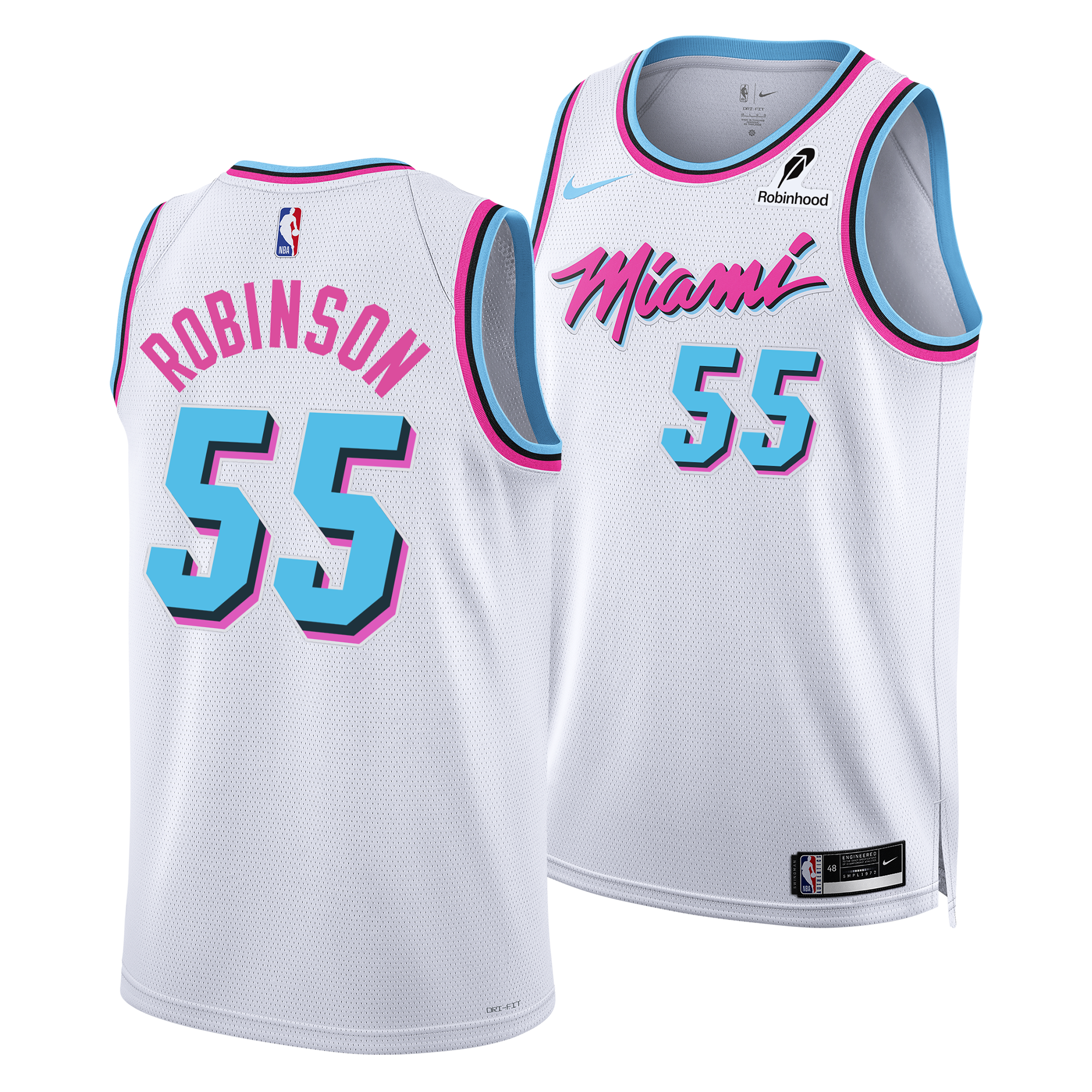 Miami HEAT Duncan Robinson white Nike Original Vice Swingman jersey with pink and blue accents, number 55. - Duncan Robinson Nike Original Vice Swingman Jersey