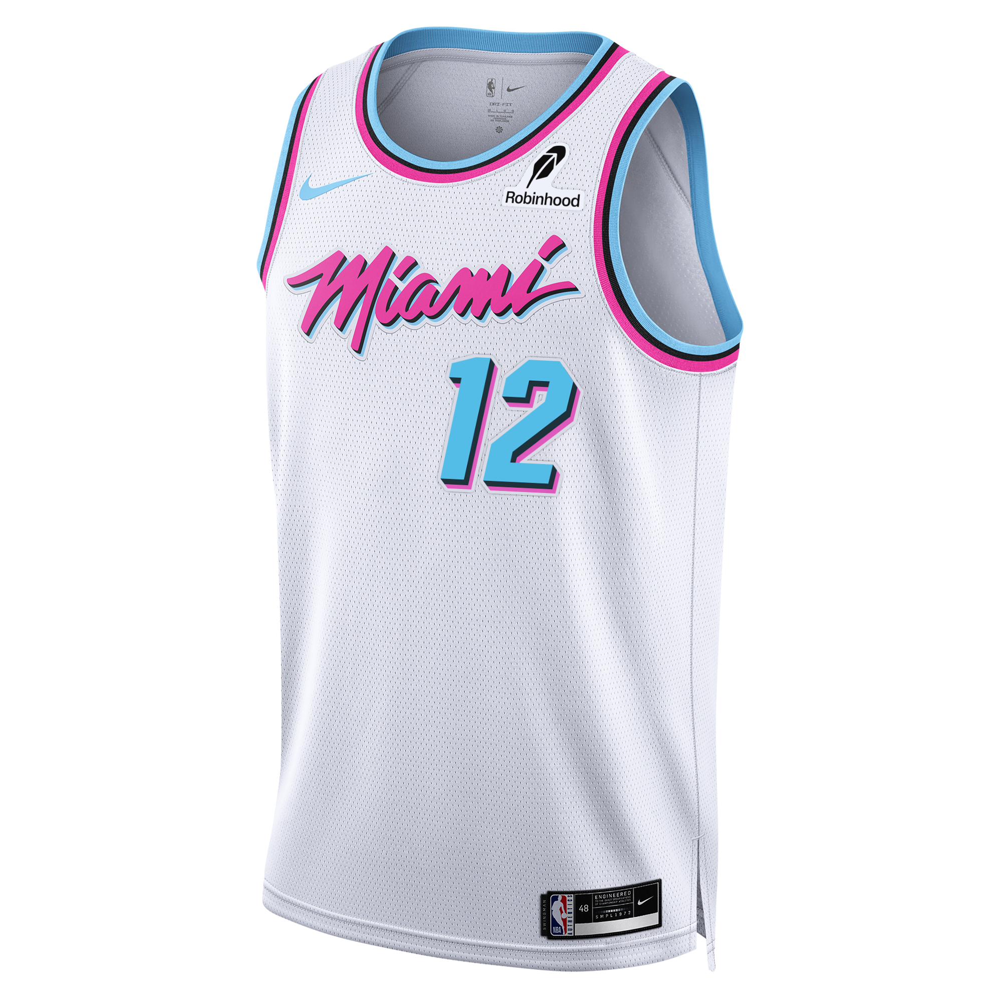 White Miami HEAT Nike Vice Swingman jersey with pink and blue accents, number 12, sleeveless design. - Dru Smith Nike Original Vice Swingman Jersey