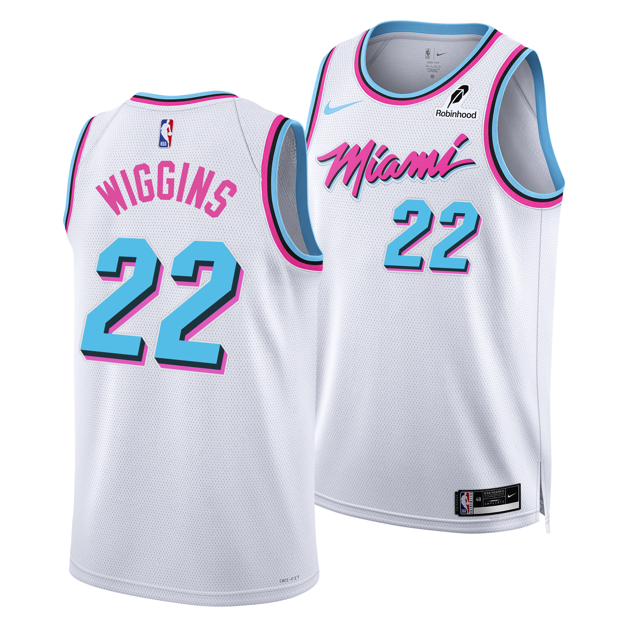 White Andrew Wiggins Miami HEAT Original Vice Swingman jersey with pink and blue accents, number 22. - Andrew Wiggins Nike Original Vice Swingman Jersey
